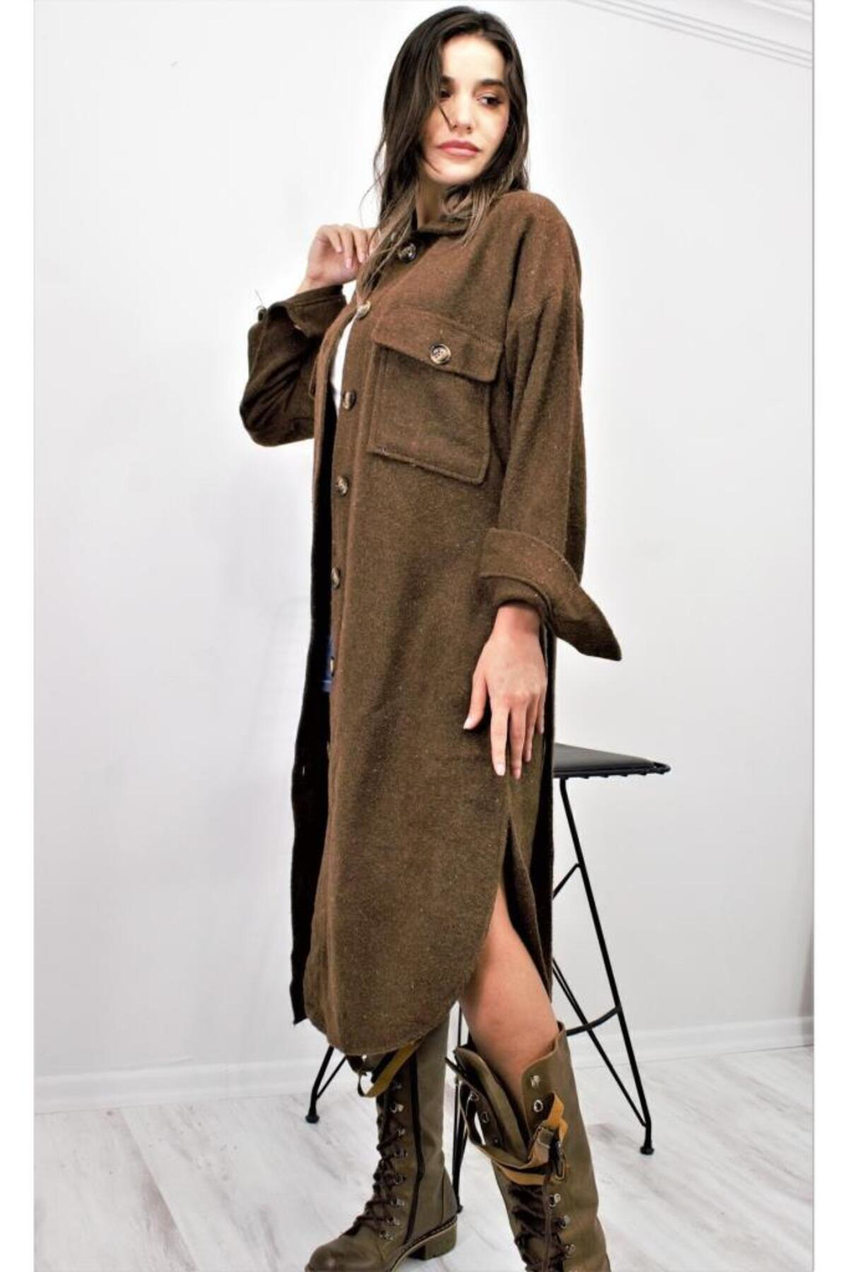 Pasaklı Giyim Kadın Kaşe Kemerli Çift Cep Düğmeli Uzun Oversize Oduncu Gömlek T