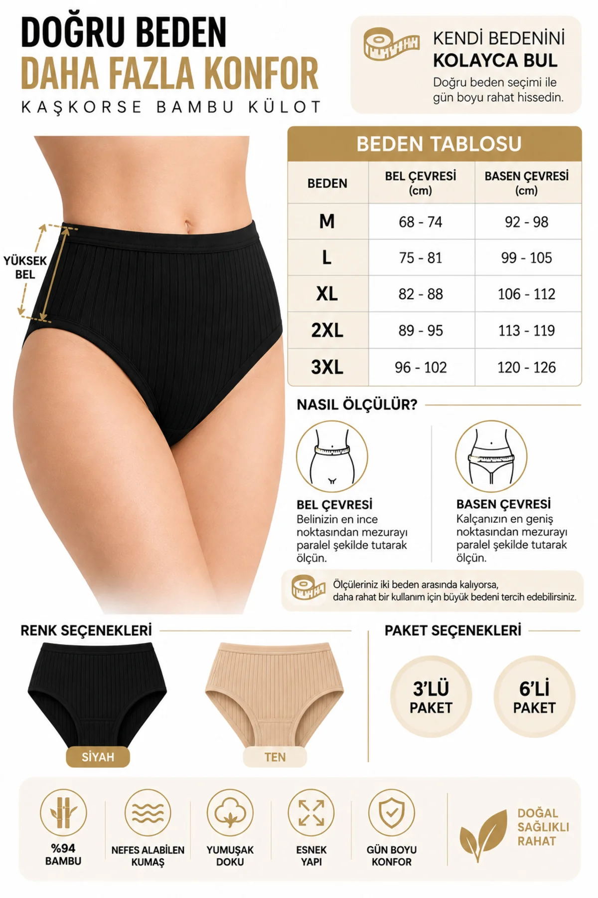 Kadın Kaşkorse Bambu Bato Külot 3'lü Paket Yüksek Bel %94 Bambu %6 Elastan Esnek Rahat