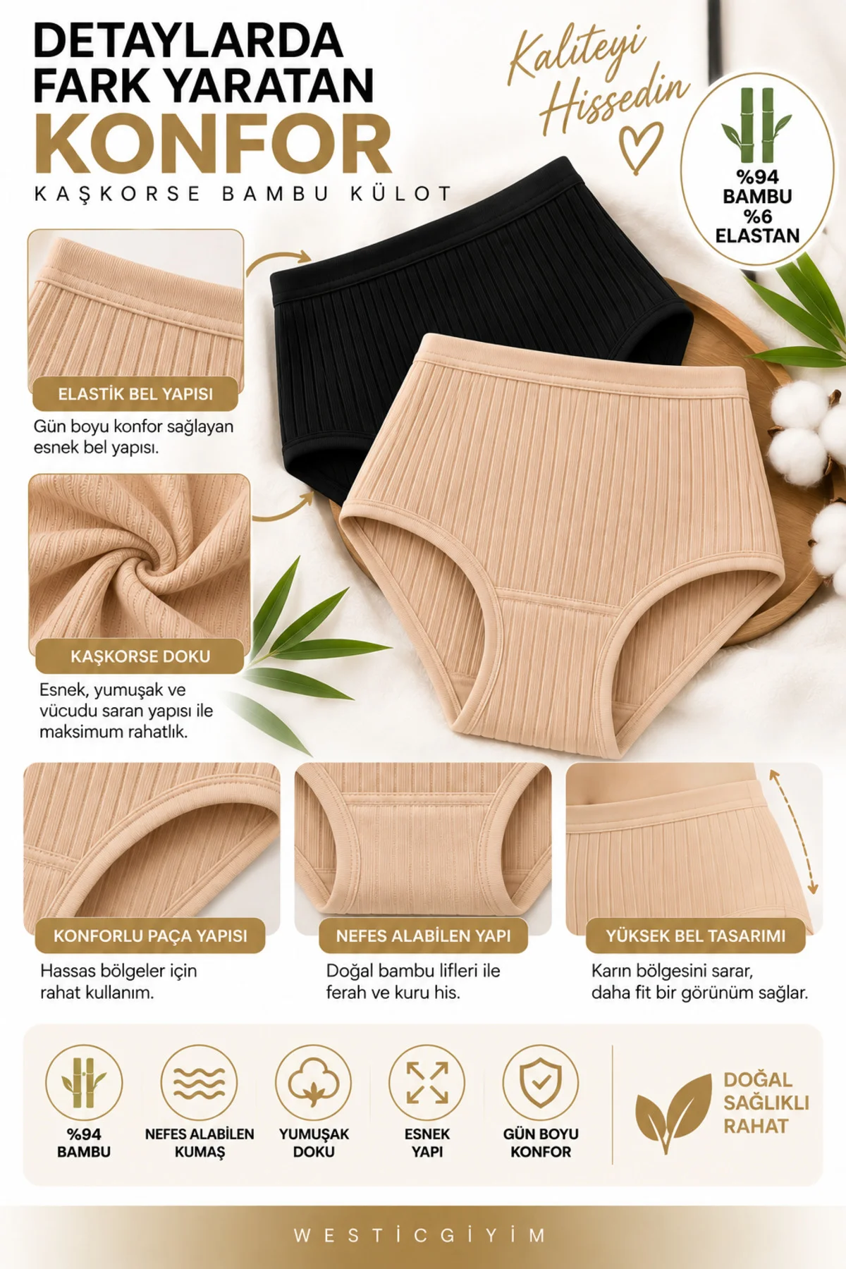 Kadın Kaşkorse Bambu Bato Külot 3'lü Paket Yüksek Bel %94 Bambu %6 Elastan Esnek Rahat