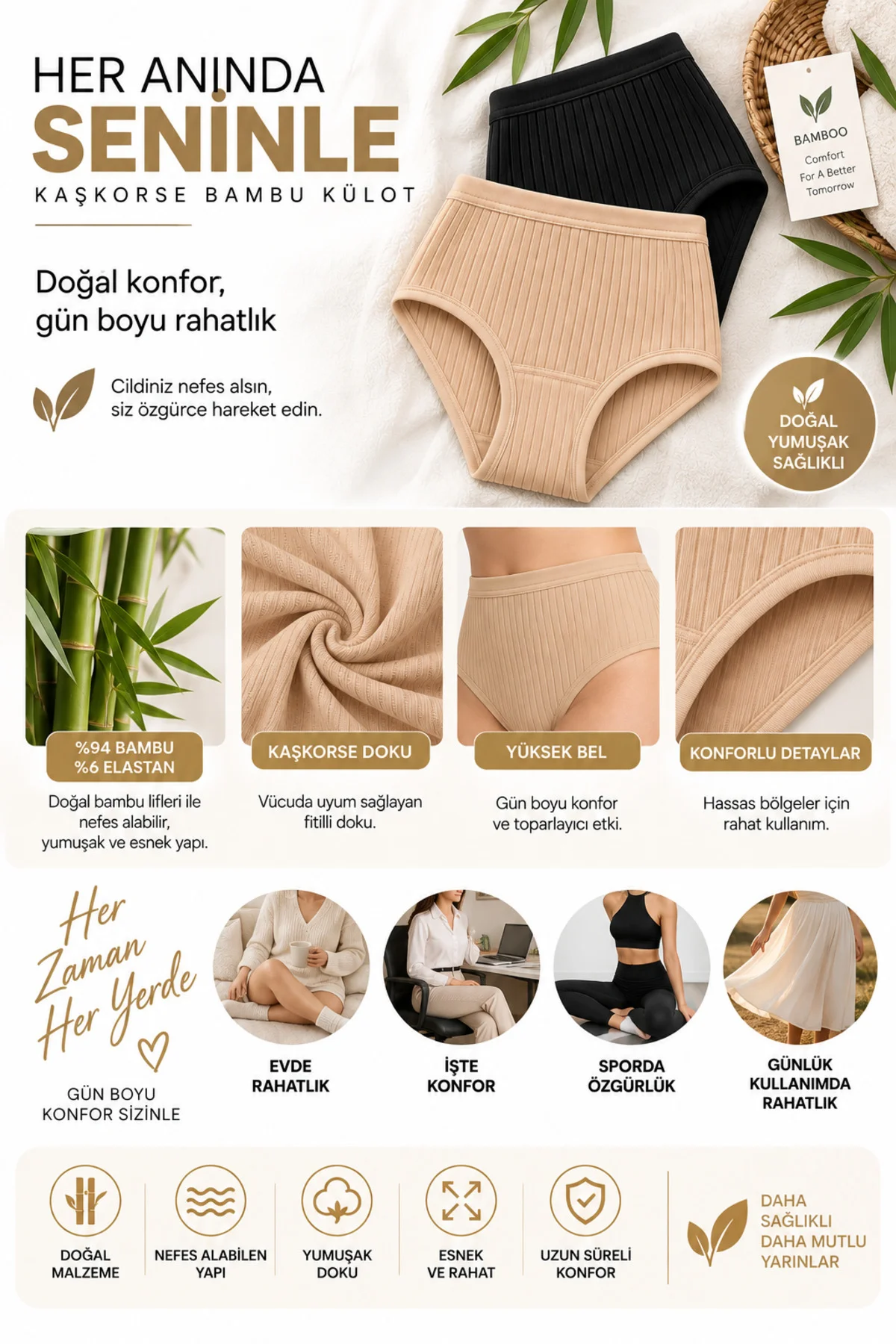 Kadın Kaşkorse Bambu Bato Külot 6'lı Paket Yüksek Bel %94 Bambu %6 Elastan Esnek Rahat
