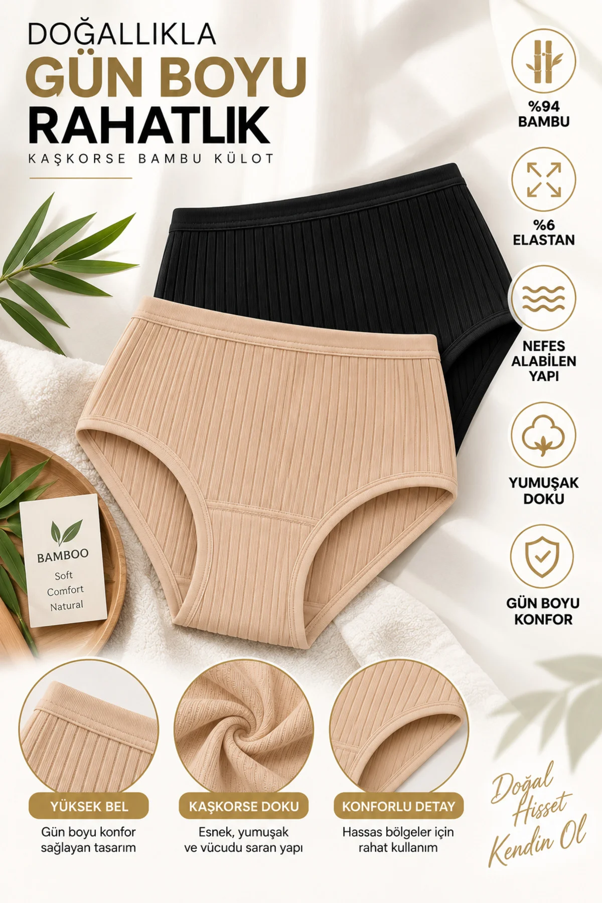 Kadın Kaşkorse Bambu Bato Külot 3'lü Paket Yüksek Bel %94 Bambu %6 Elastan Esnek Rahat