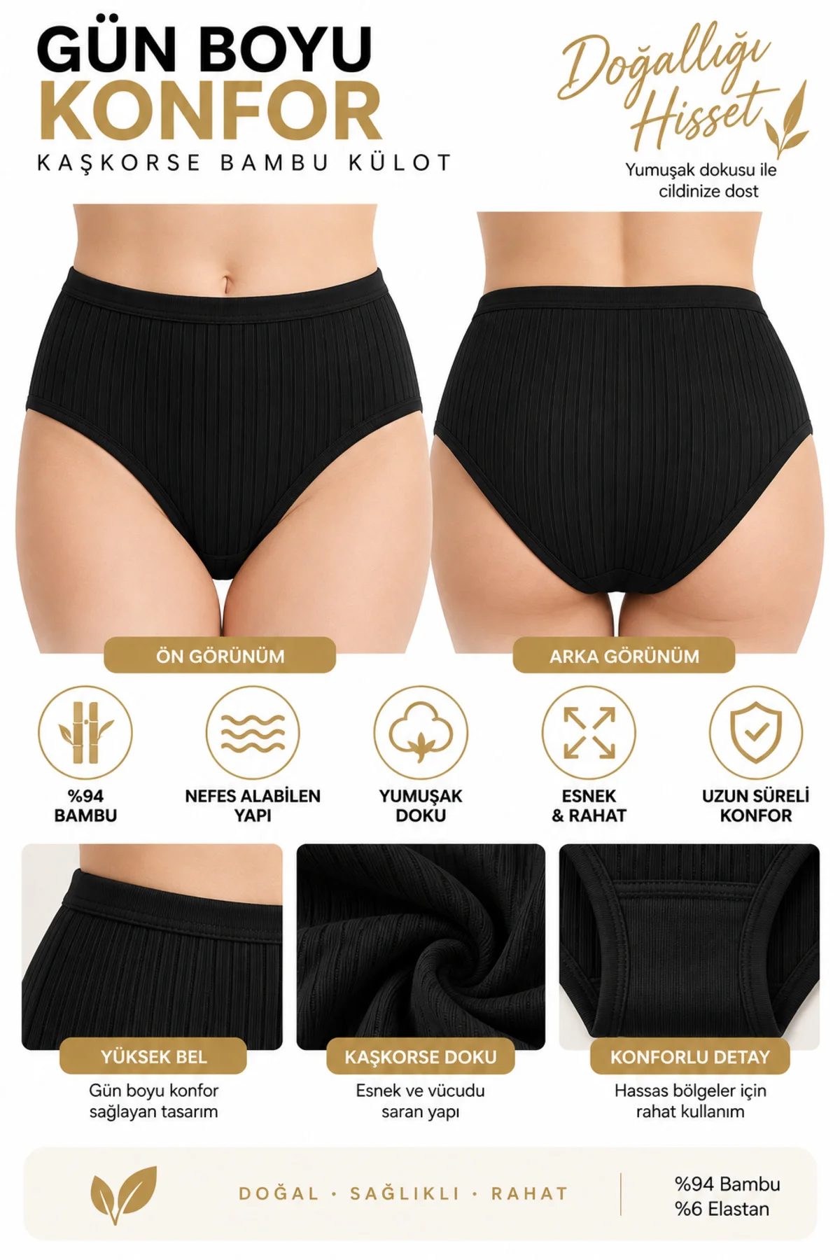 Kadın Kaşkorse Bambu Bato Külot 6'lı Paket Yüksek Bel %94 Bambu %6 Elastan Esnek Rahat
