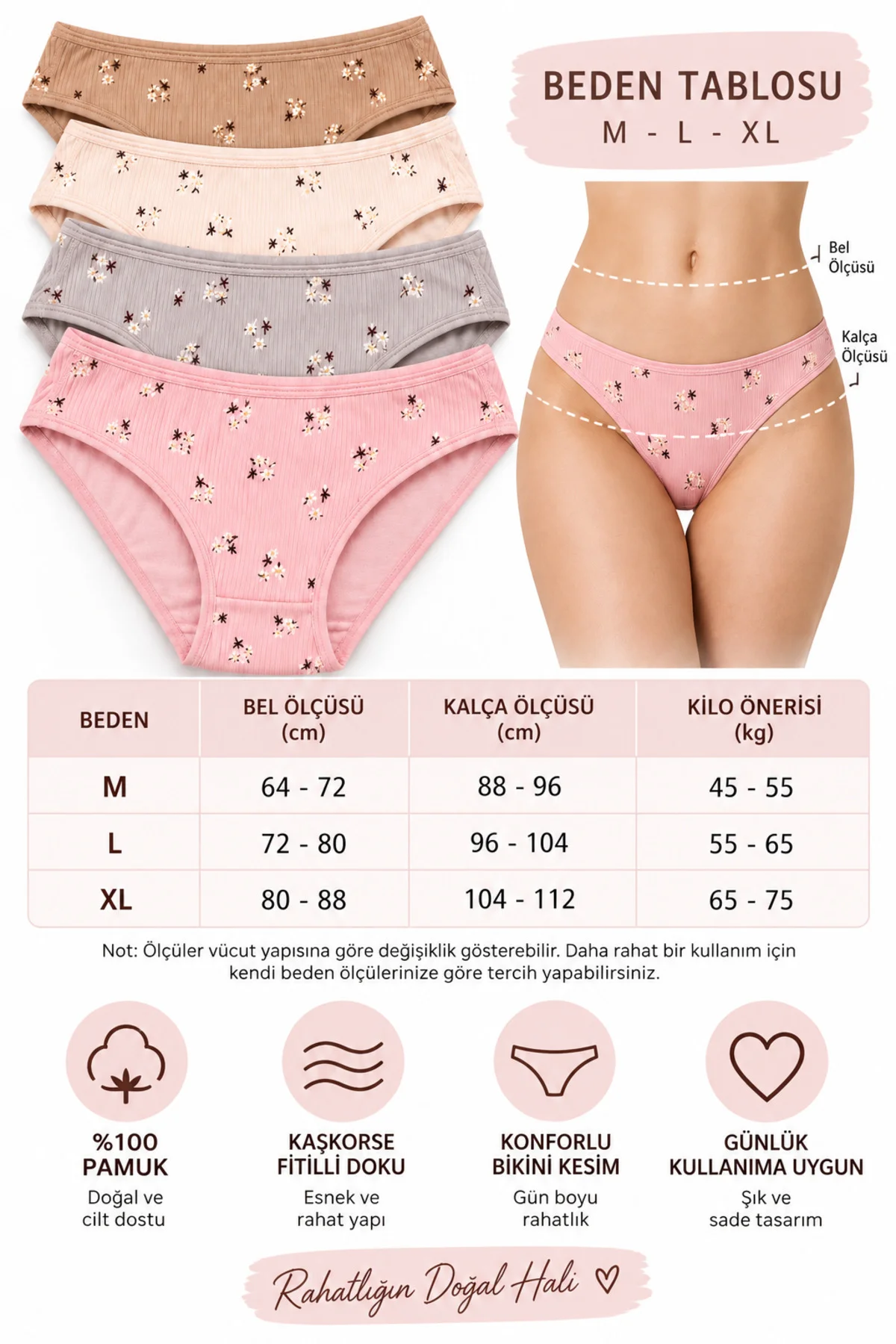 Kadın Kaşkorse Fitilli Bikini Külot 4’lü Paket %100 Pamuk Desenli Asorti Renk M-L-XL Kadın Kaşkorse Fitilli Bikini Külot 4’lü Paket %100 Pamuk Desenli Asorti Renk M-L-XL