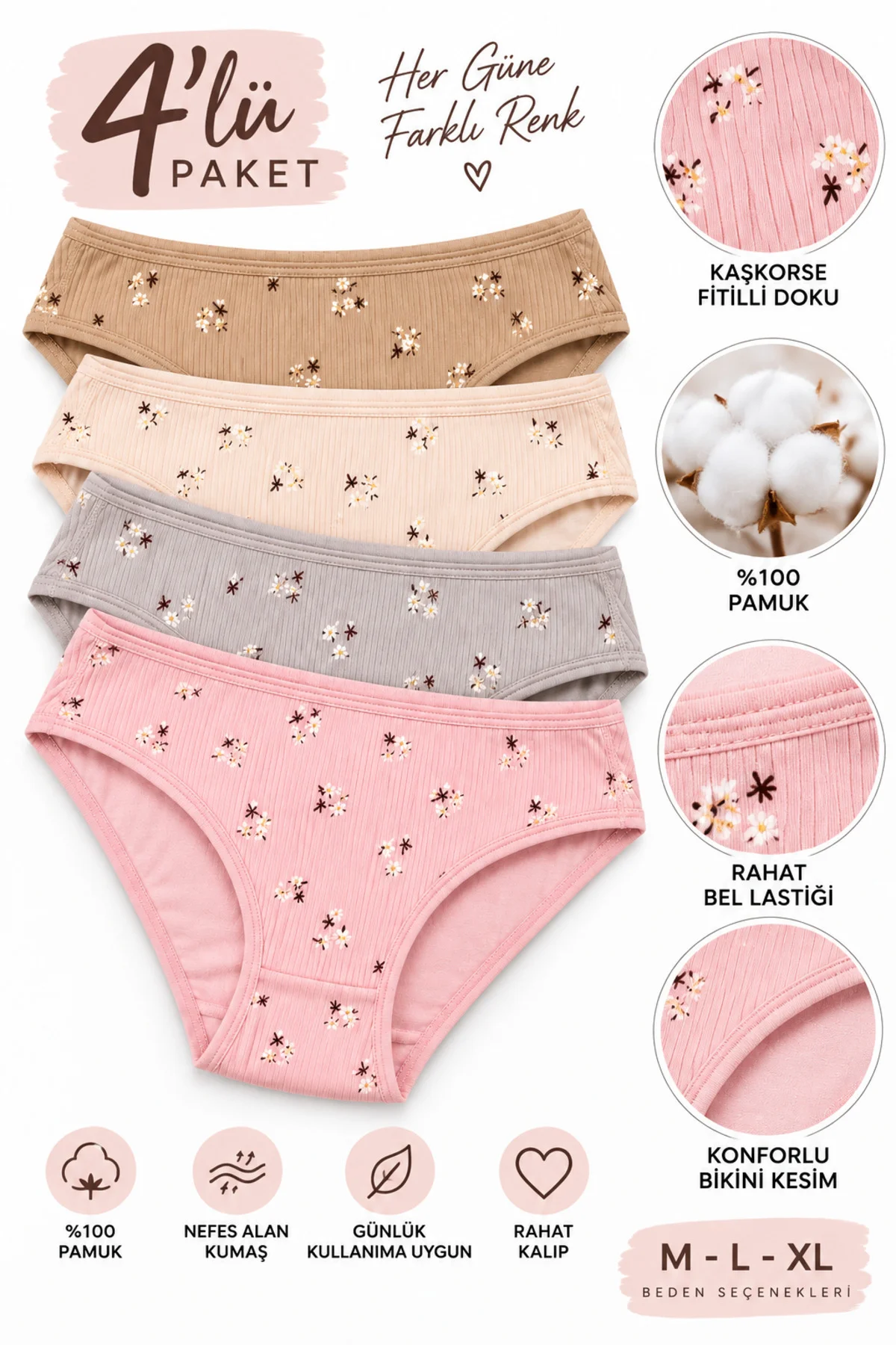 Kadın Kaşkorse Fitilli Bikini Külot 4’lü Paket %100 Pamuk Desenli Asorti Renk M-L-XL Kadın Kaşkorse Fitilli Bikini Külot 4’lü Paket %100 Pamuk Desenli Asorti Renk M-L-XL