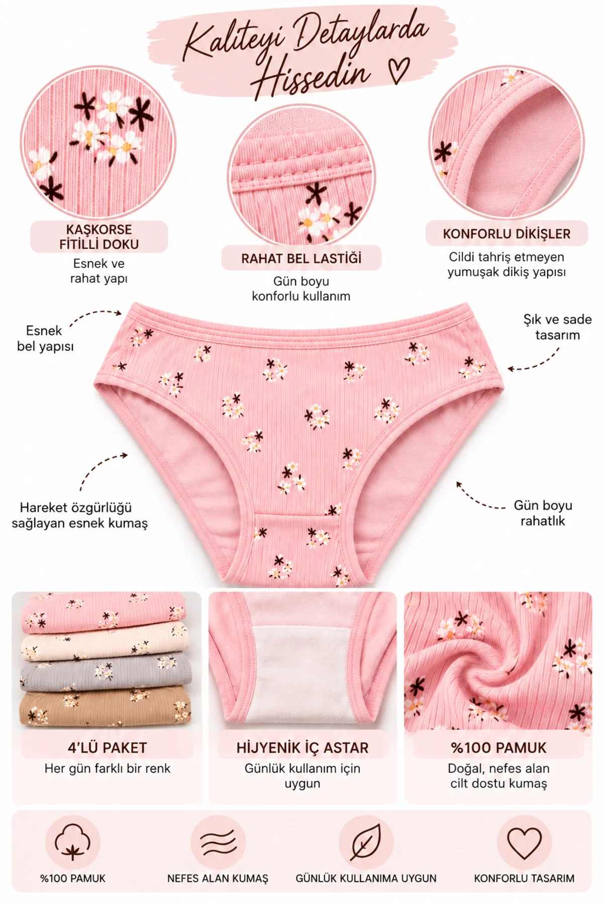 Kadın Kaşkorse Fitilli Bikini Külot 4’lü Paket %100 Pamuk Desenli Asorti Renk M-L-XL Kadın Kaşkorse Fitilli Bikini Külot 4’lü Paket %100 Pamuk Desenli Asorti Renk M-L-XL
