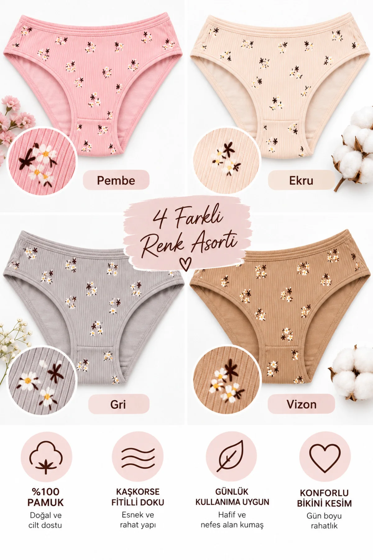 Kadın Kaşkorse Fitilli Bikini Külot 4’lü Paket %100 Pamuk Desenli Asorti Renk M-L-XL Kadın Kaşkorse Fitilli Bikini Külot 4’lü Paket %100 Pamuk Desenli Asorti Renk M-L-XL