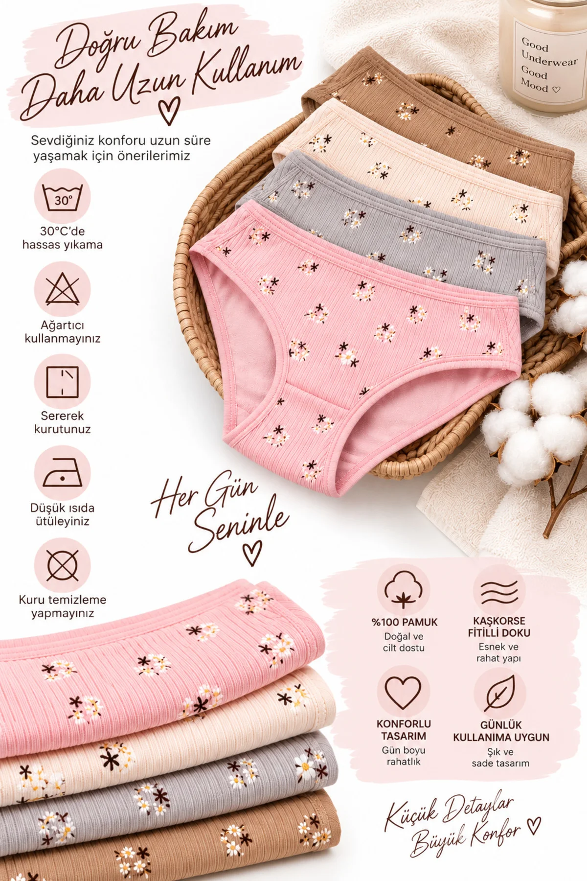 Kadın Kaşkorse Fitilli Bikini Külot 4’lü Paket %100 Pamuk Desenli Asorti Renk M-L-XL Kadın Kaşkorse Fitilli Bikini Külot 4’lü Paket %100 Pamuk Desenli Asorti Renk M-L-XL