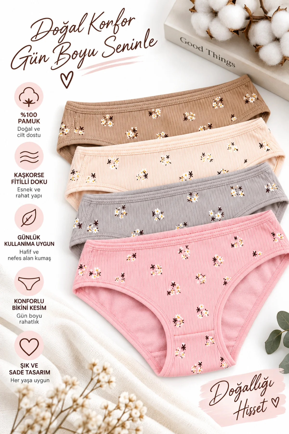 Kadın Kaşkorse Fitilli Bikini Külot 4’lü Paket %100 Pamuk Desenli Asorti Renk M-L-XL Kadın Kaşkorse Fitilli Bikini Külot 4’lü Paket %100 Pamuk Desenli Asorti Renk M-L-XL