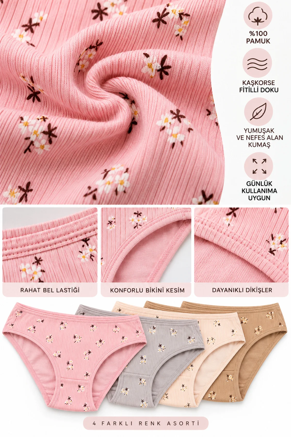 Kadın Kaşkorse Fitilli Bikini Külot 4’lü Paket %100 Pamuk Desenli Asorti Renk M-L-XL Kadın Kaşkorse Fitilli Bikini Külot 4’lü Paket %100 Pamuk Desenli Asorti Renk M-L-XL