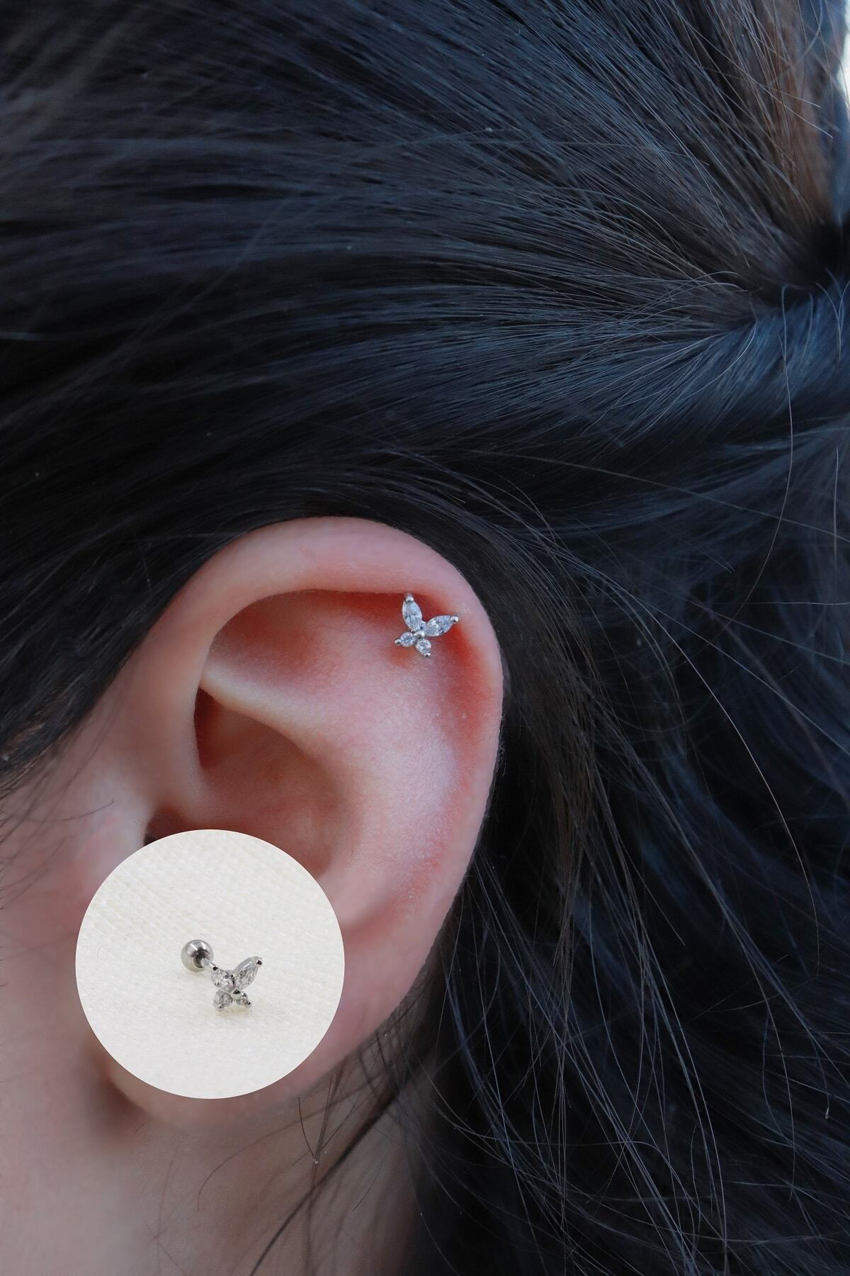 Kadın Kelebek Figürlü Zirkon Taşlı Tragus Helix Piercing
