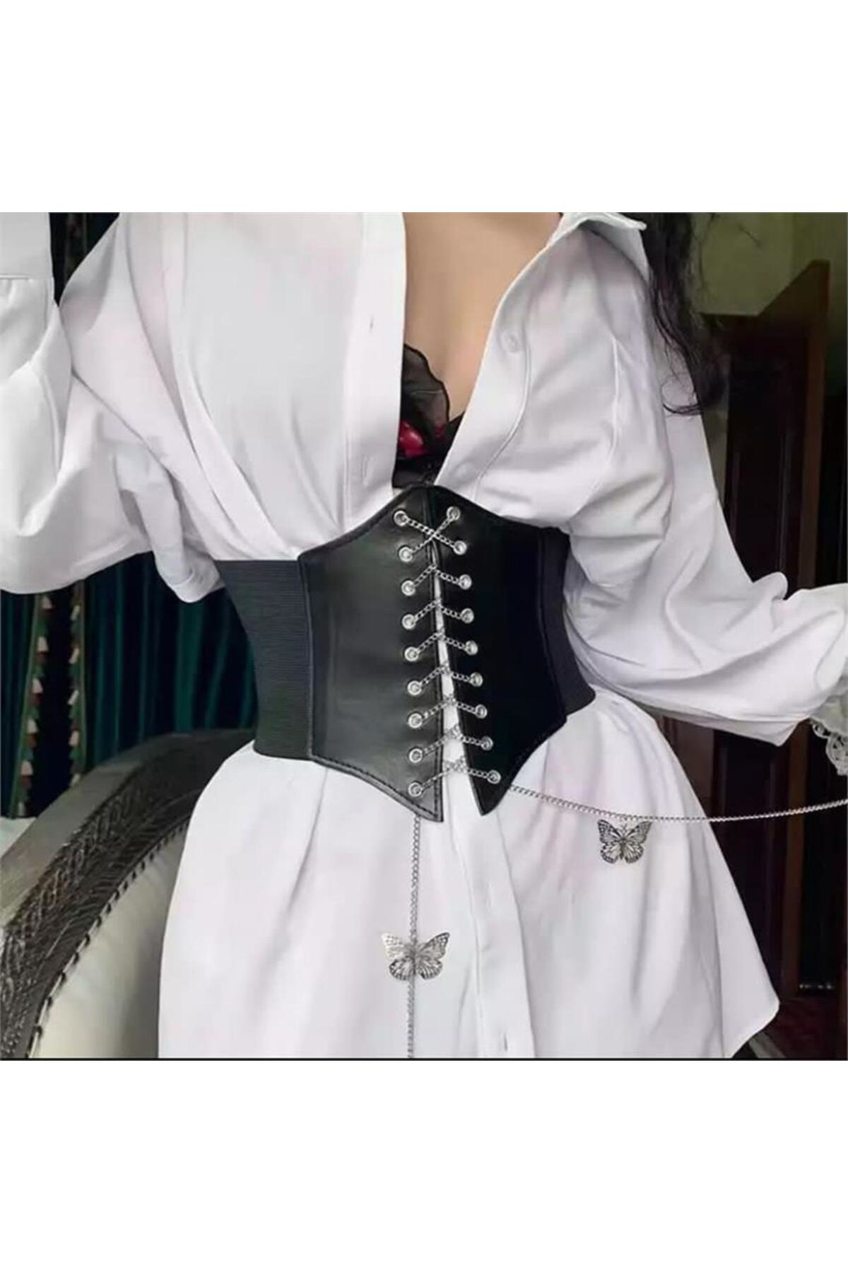 Köstebek Kadın Kelebek Zincir Bağcıklı Kuş Gözlü Siyah Korse