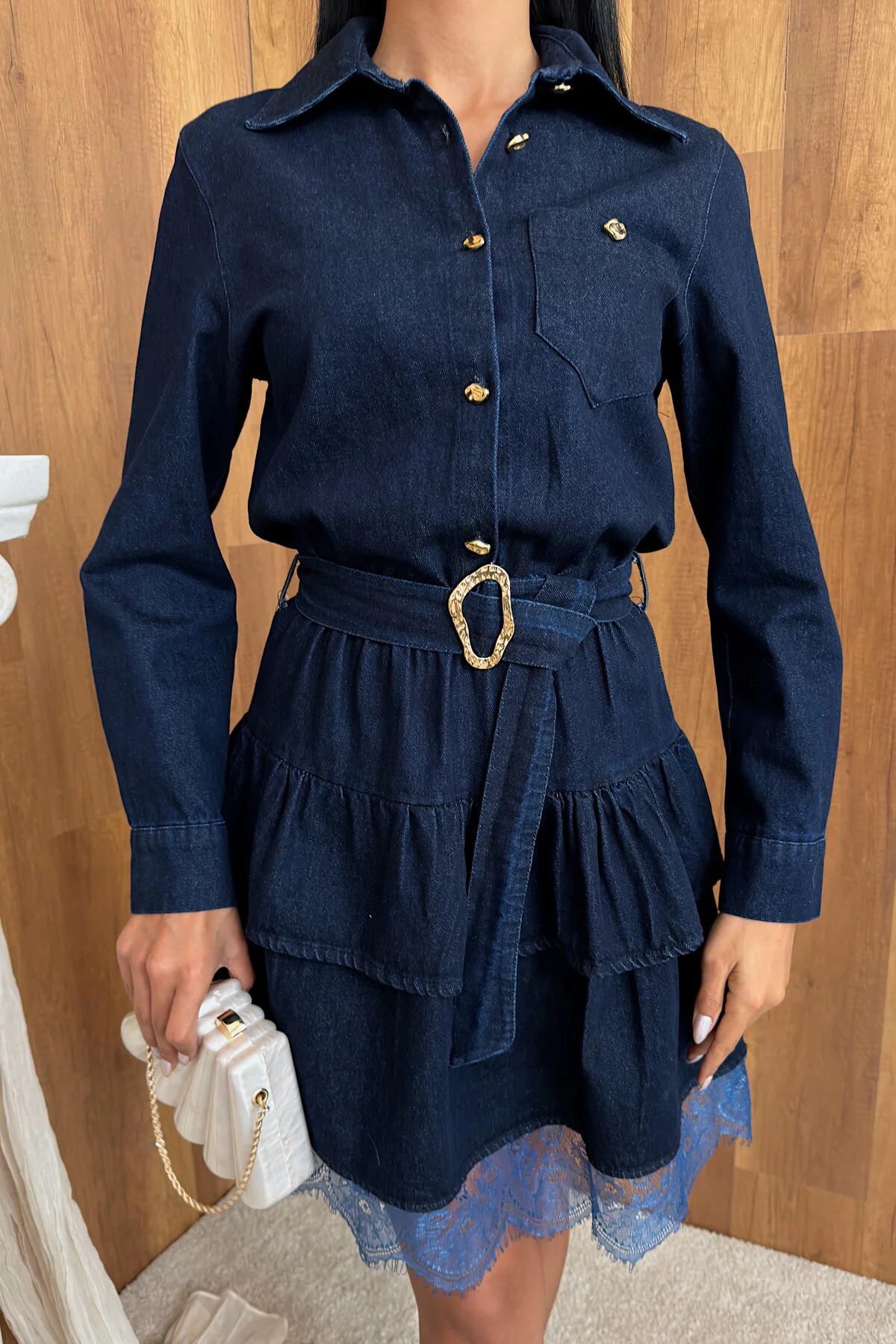 Kadın Kemerli Denim Elbise Dantel Detaylı Jean Elbise Uzun Kollu 
