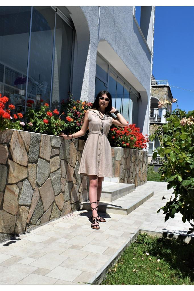 Kadın Kemerli Kloş Cepli Kolsuz Rahat Midi Keten Gömlek Elbise Si