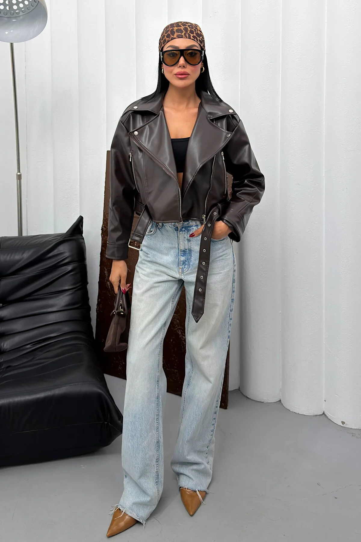 Kadın Kemerli Oversize Crop Deri Ceket - Yeni Sezon Acı Kahve Bik
