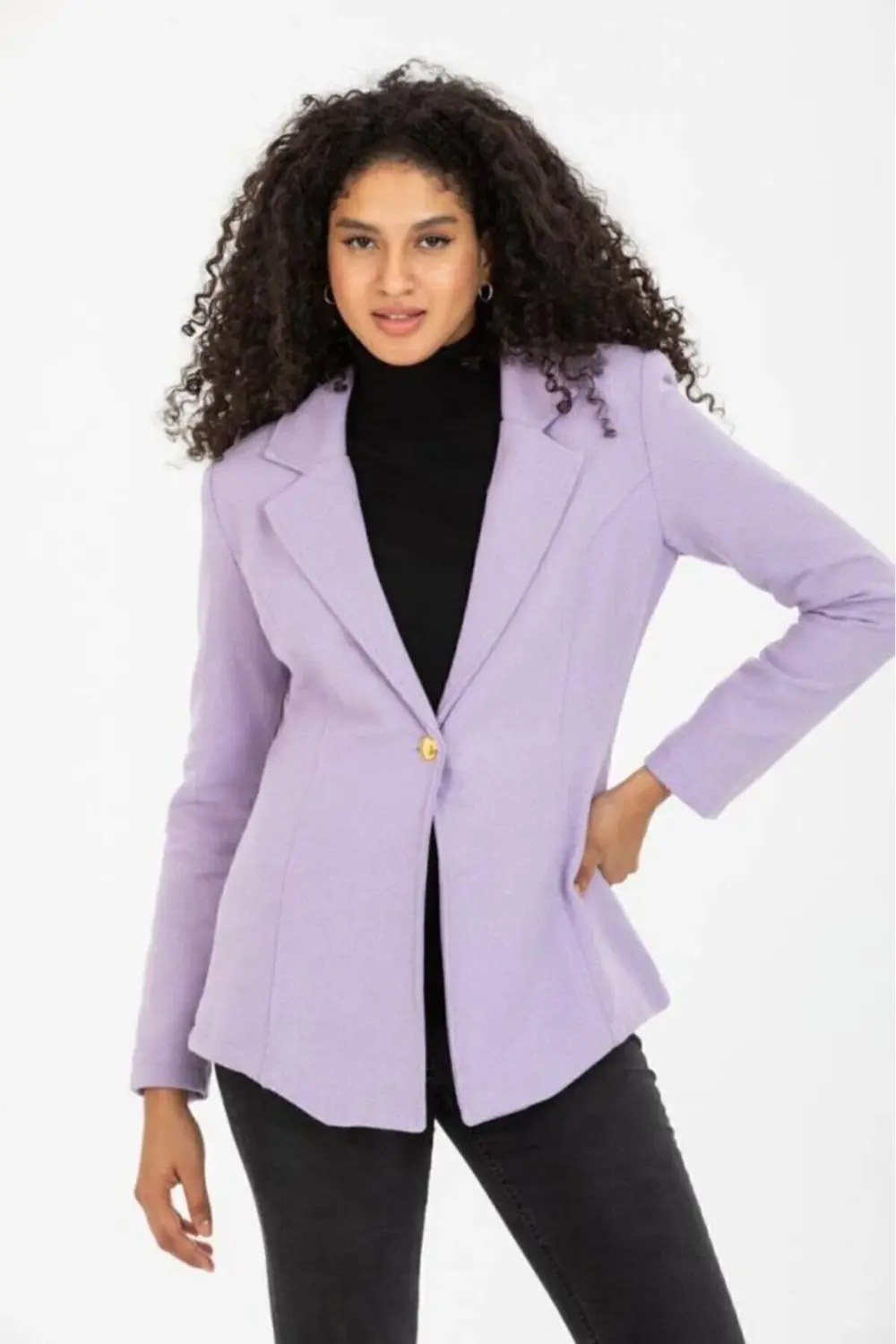 Kadın Kendinden Desenli Astarlı Kaşe Tek Düğmeli Kışlık Blazer Ce