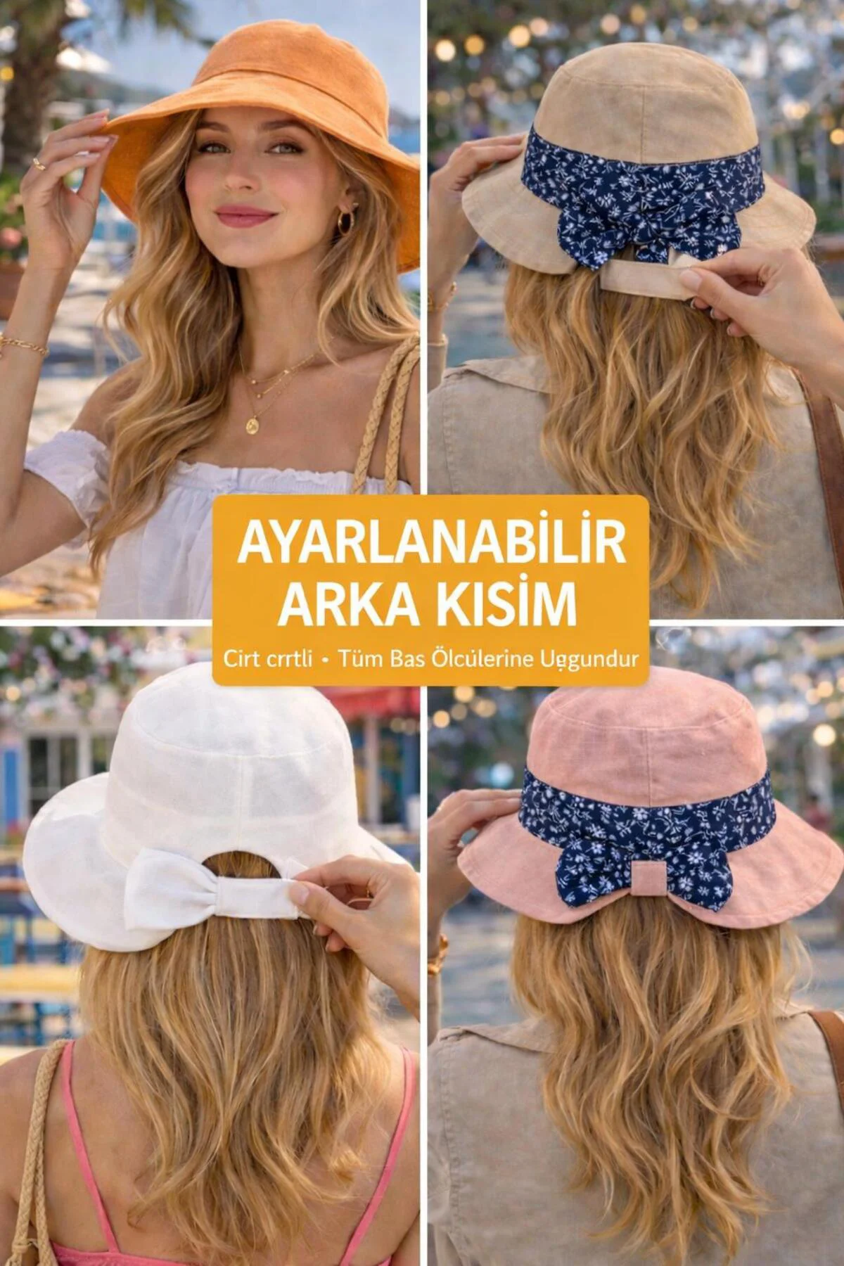Kadın Keten Bucket Fiyonklu Pembe Yazlık Plaj Şapkası, Ayarlanabi