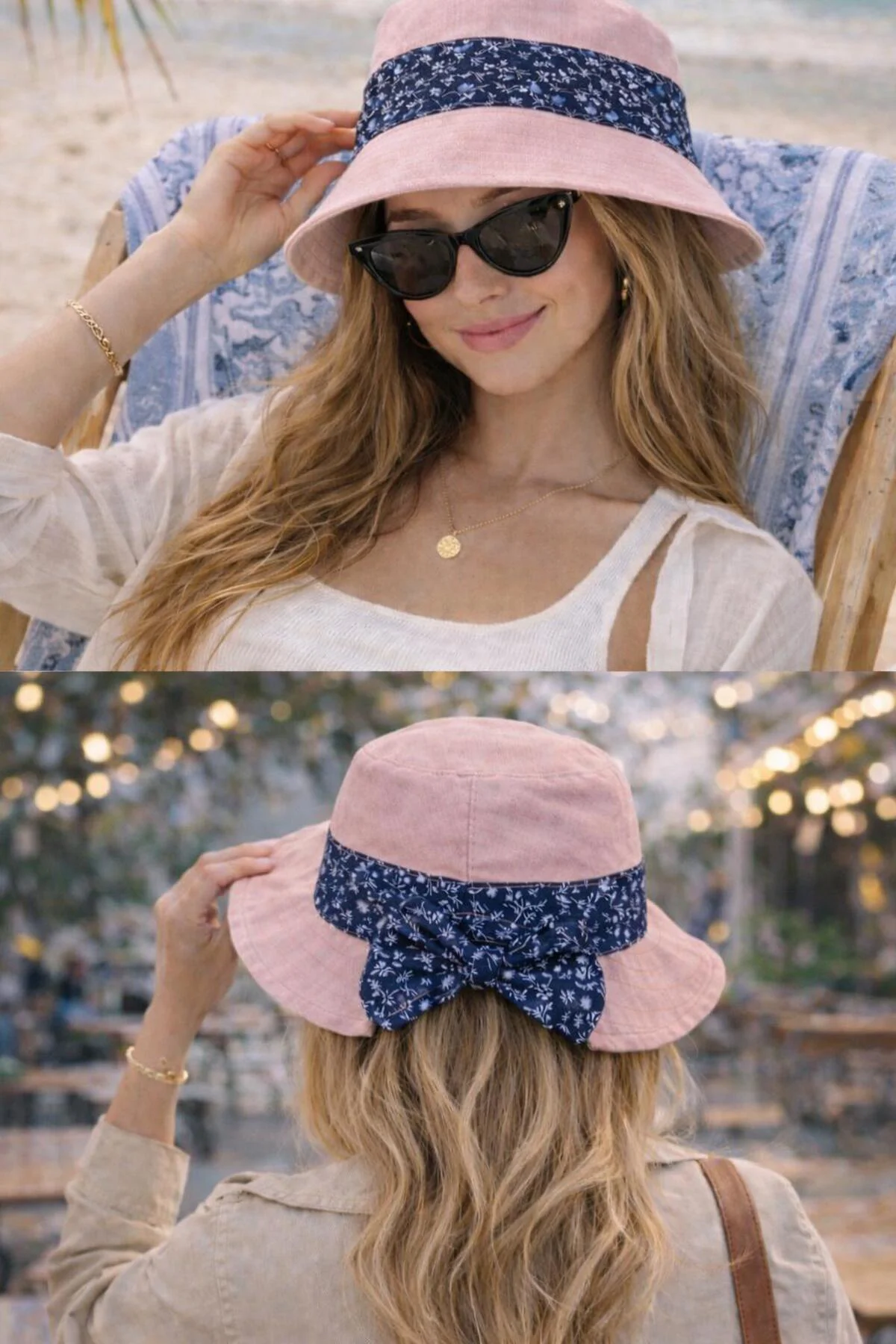 Kadın Keten Bucket Fiyonklu Pembe Yazlık Plaj Şapkası, Ayarlanabi
