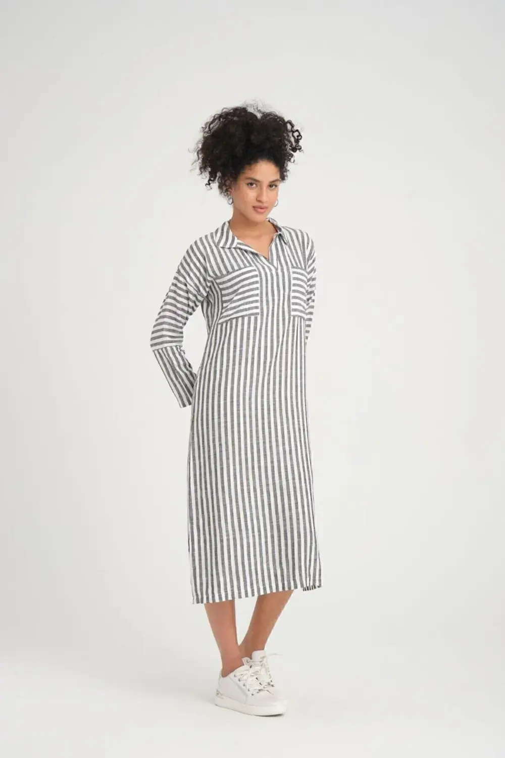 Kadın Keten Cepli Polo Yaka Yırtmaçlı Siyah Beyaz Çizgili Uzun Ko