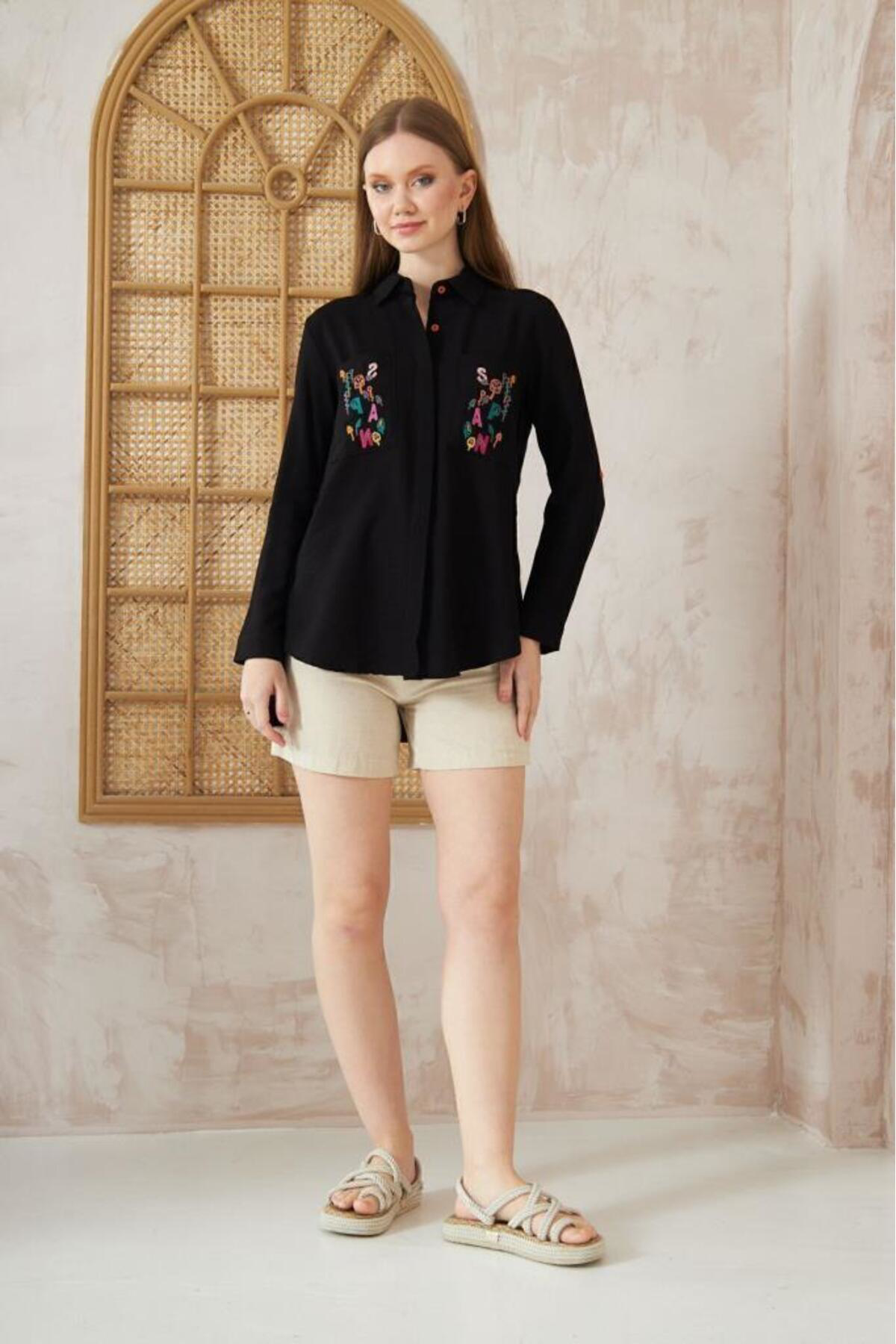 Pasaklı Giyim Kadın Keten Harf Nakış İşlemeli Yanları Düğme Arkası Uzun Kollu O