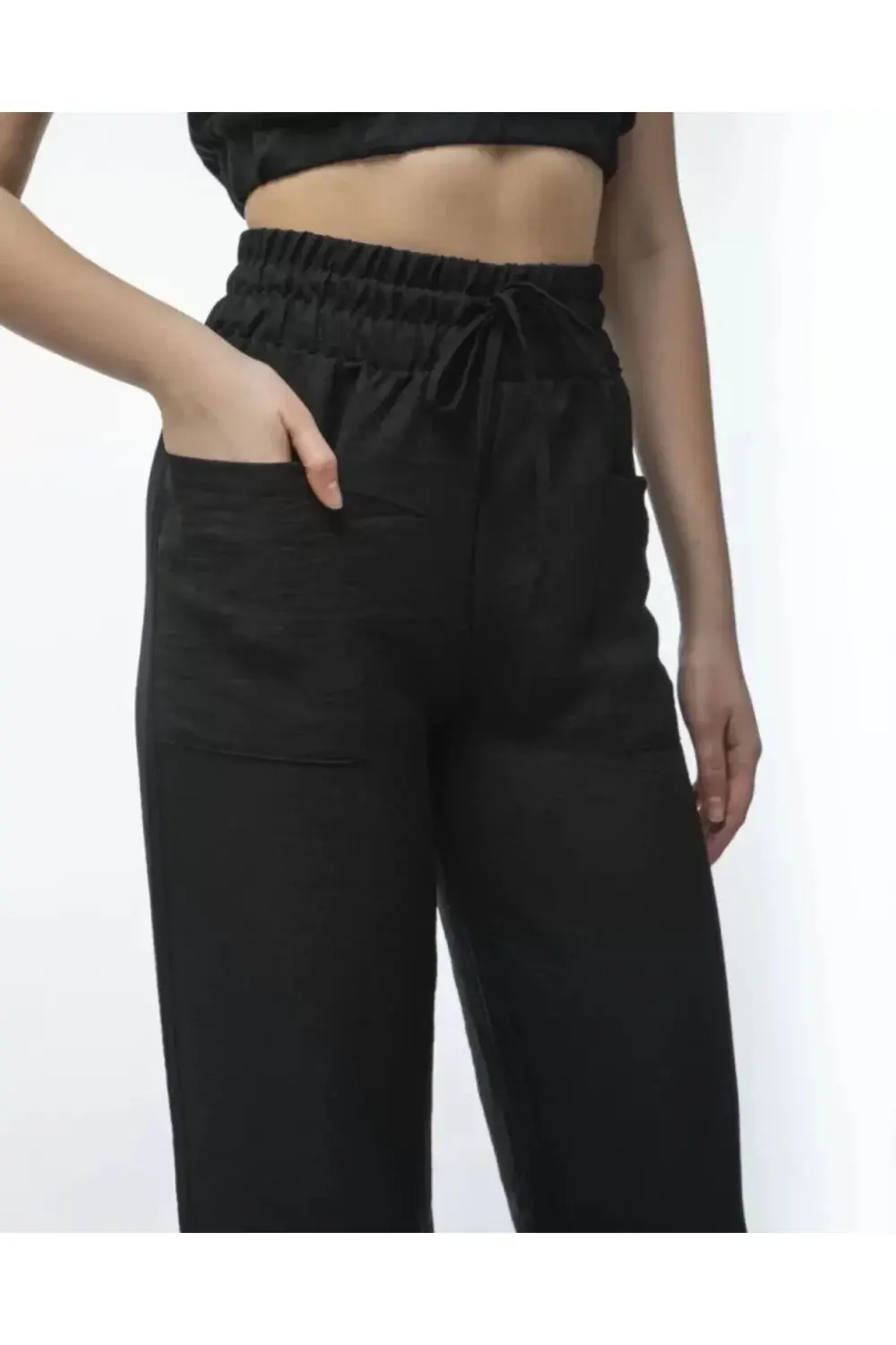 Kadin Keten Pantalon Ve Crop Takım - Siyah