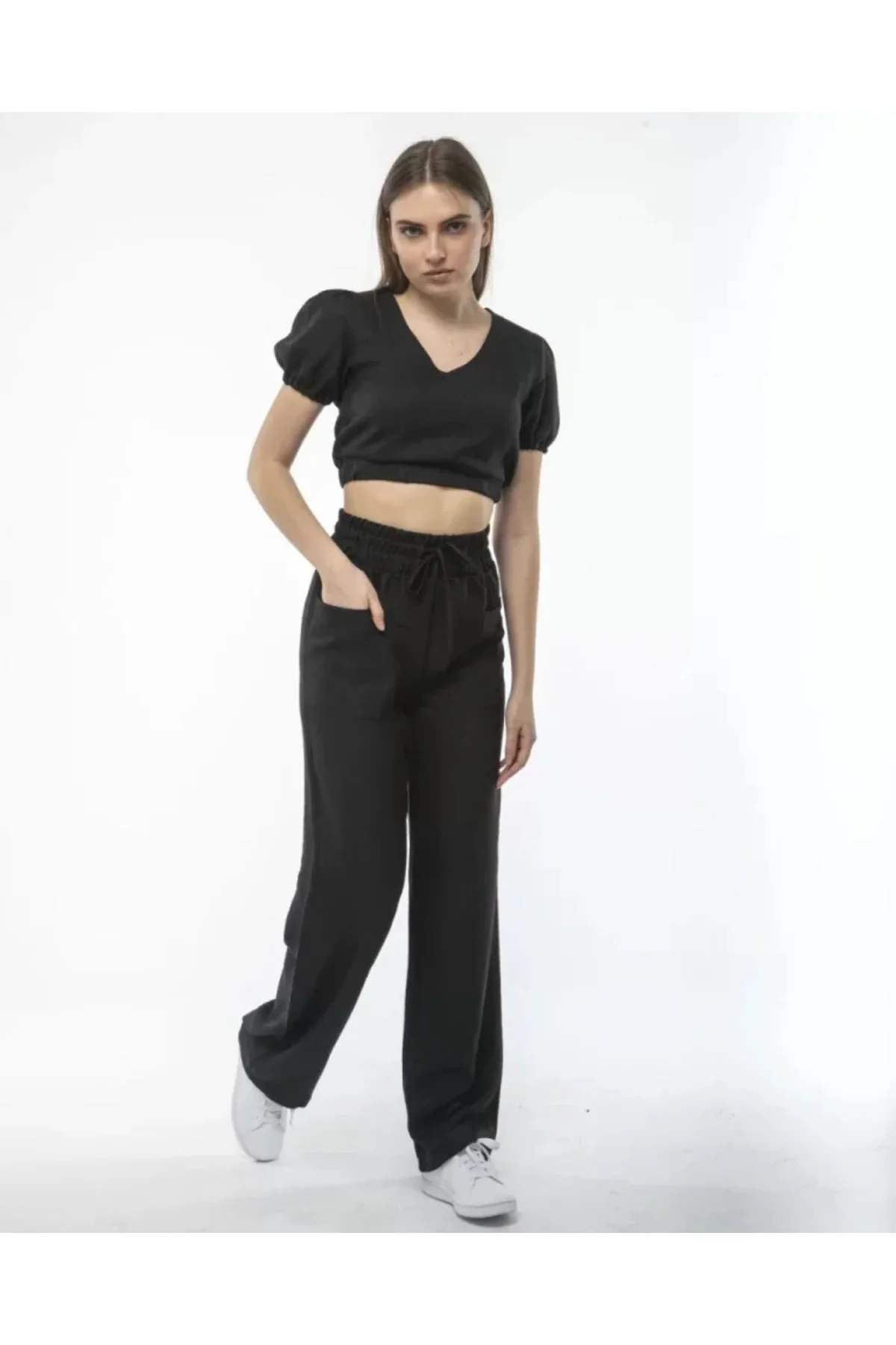Kadin Keten Pantalon Ve Crop Takım - Siyah