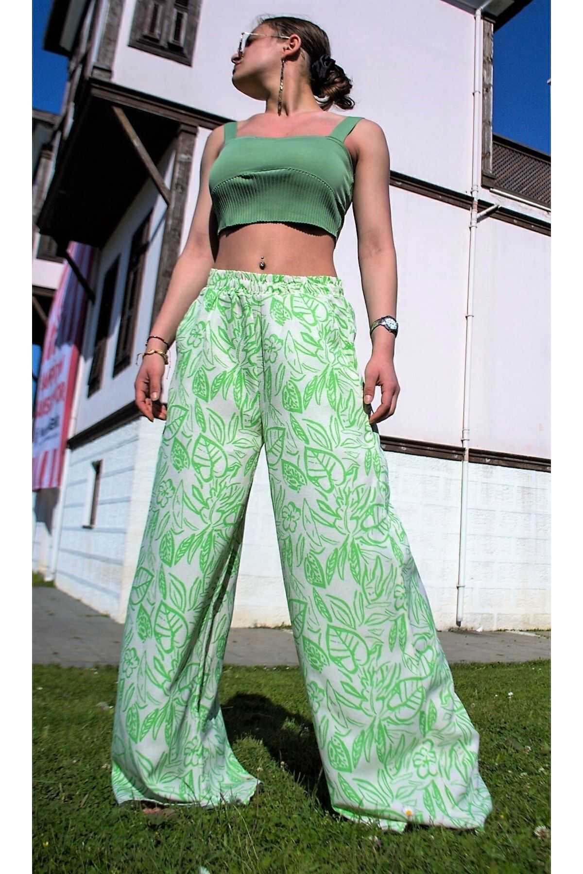 Pasaklı Giyim Kadın Keten Yeşil Beyaz Desenli Beli Lastikli Cepli Bol Paça Over