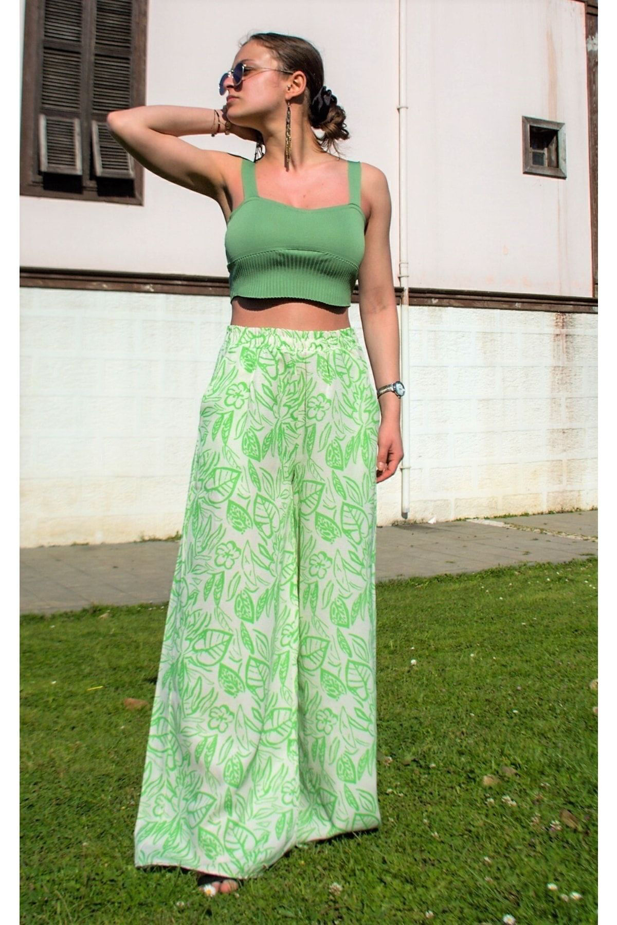 Pasaklı Giyim Kadın Keten Yeşil Beyaz Desenli Beli Lastikli Cepli Bol Paça Over