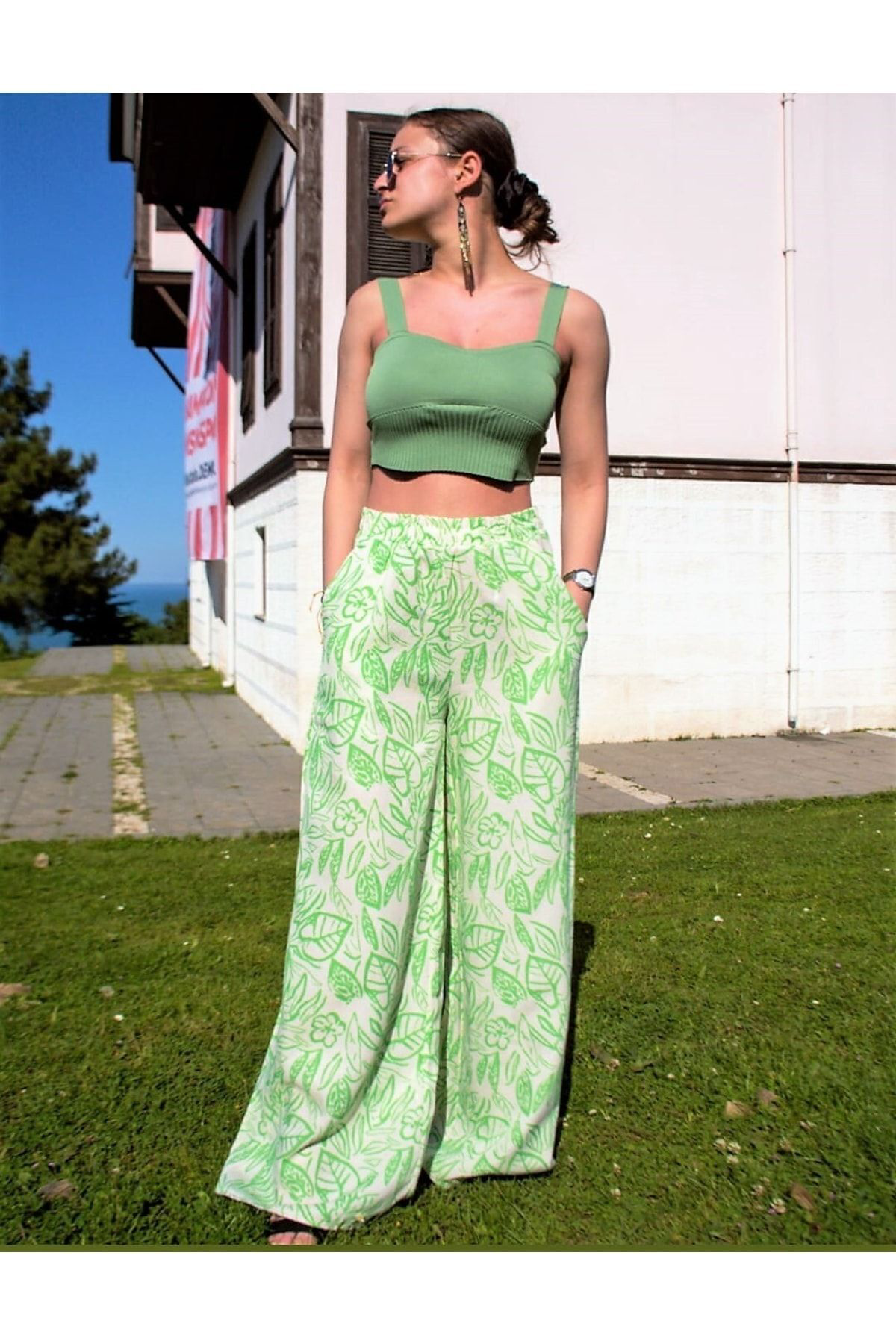 Pasaklı Giyim Kadın Keten Yeşil Beyaz Desenli Beli Lastikli Cepli Bol Paça Over