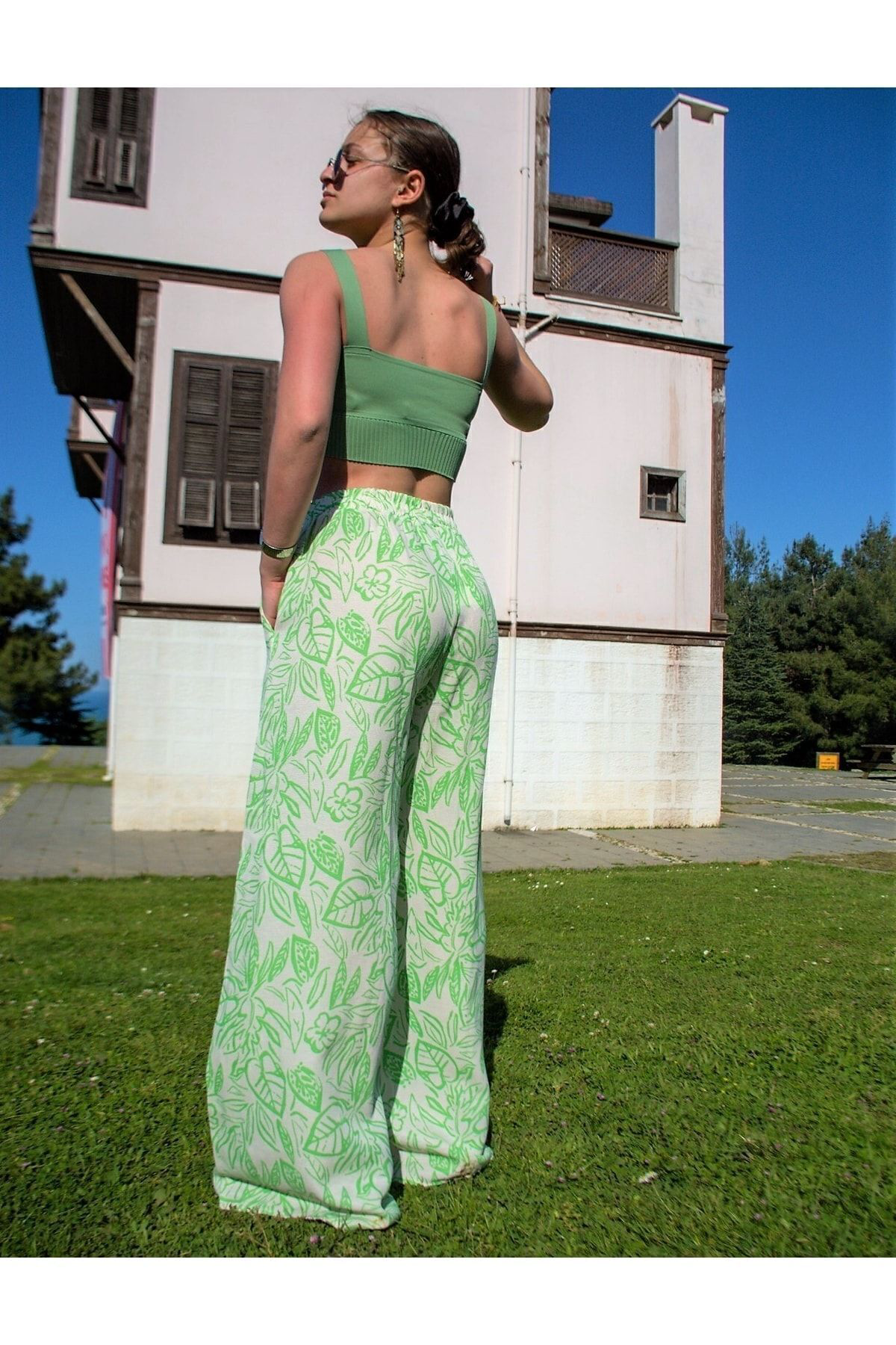 Pasaklı Giyim Kadın Keten Yeşil Beyaz Desenli Beli Lastikli Cepli Bol Paça Over