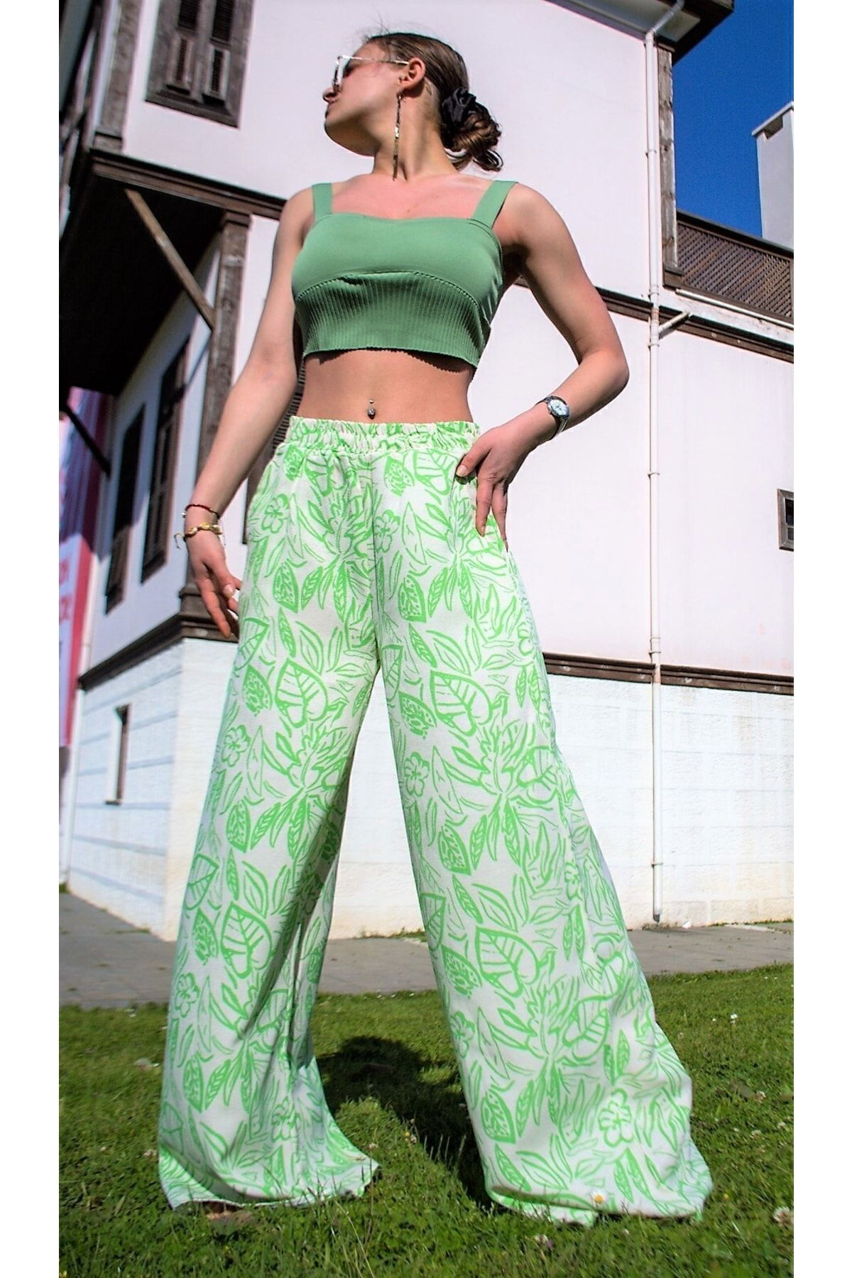 Pasaklı Giyim Kadın Keten Yeşil Beyaz Desenli Beli Lastikli Cepli Bol Paça Over