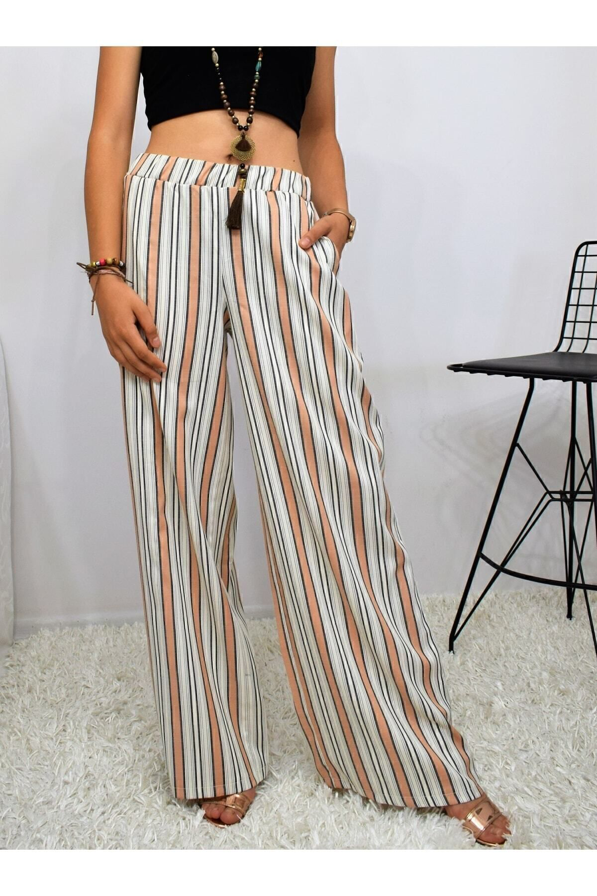 Pasaklı Giyim Kadın Kiremit Bej Dik Çizgili Beli Lastikli Cepli Pantolon Tesett