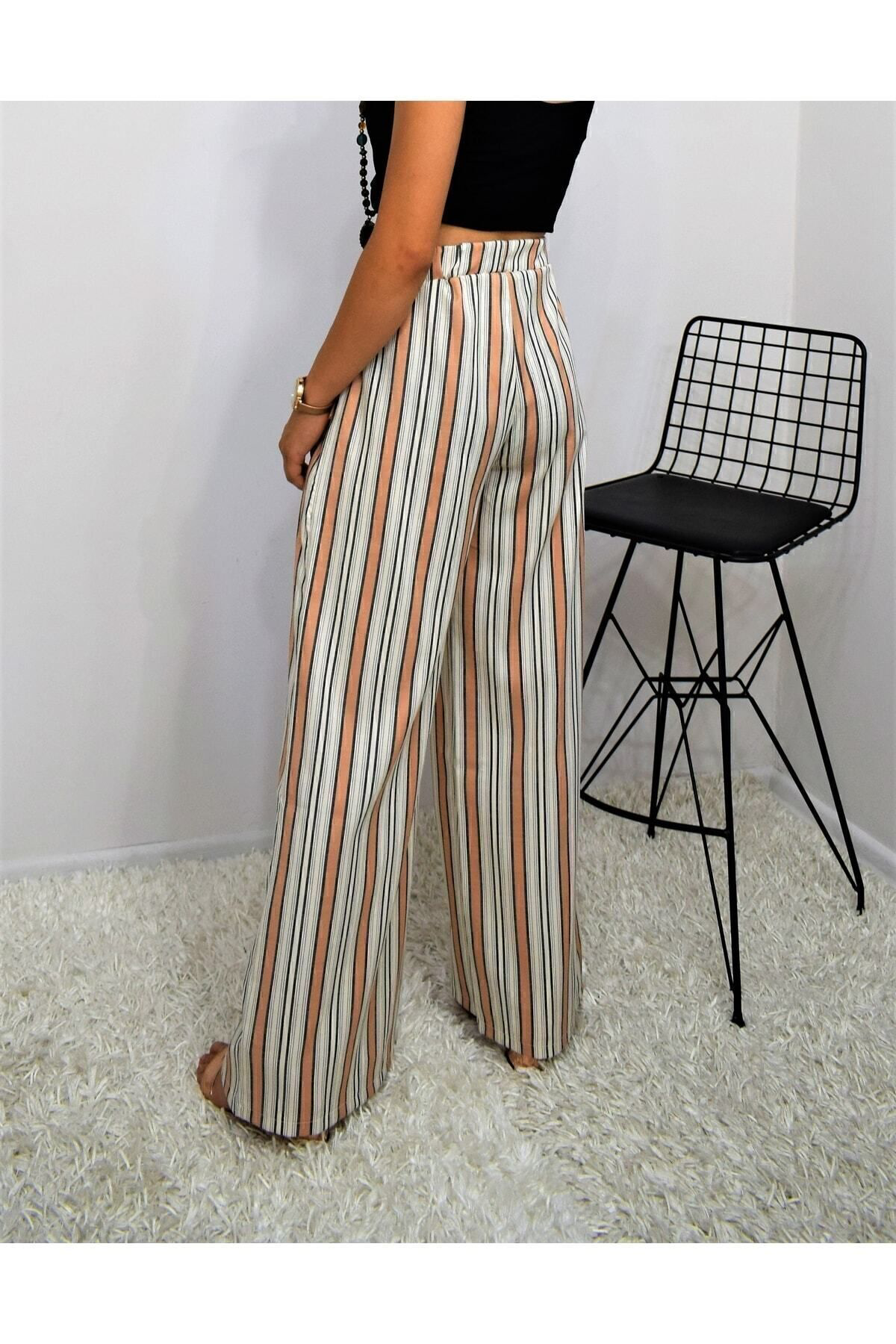 Pasaklı Giyim Kadın Kiremit Bej Dik Çizgili Beli Lastikli Cepli Pantolon Tesett