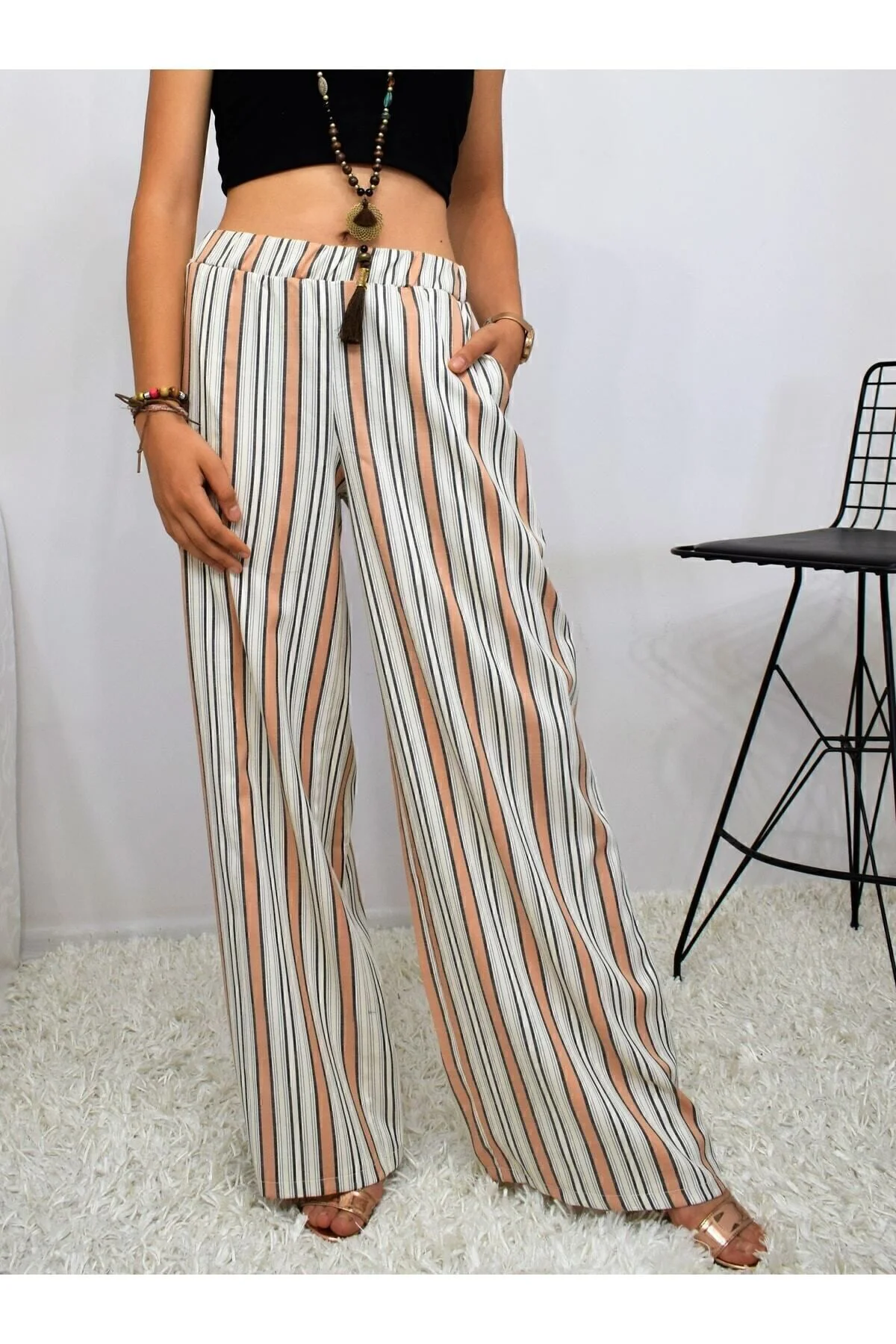 Kadın Kiremit Bej Dik Çizgili Beli Lastikli Cepli Pantolon Tesettür Pantolon 700-3258176