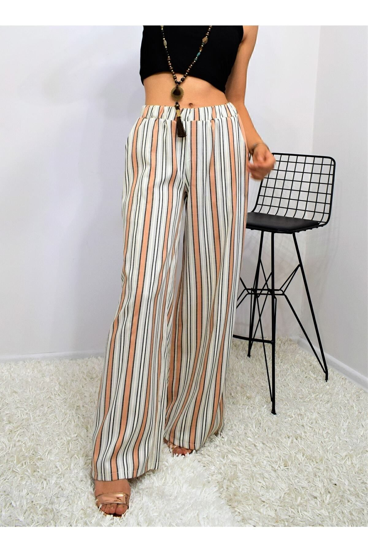 Pasaklı Giyim Kadın Kiremit Bej Dik Çizgili Beli Lastikli Cepli Pantolon Tesett