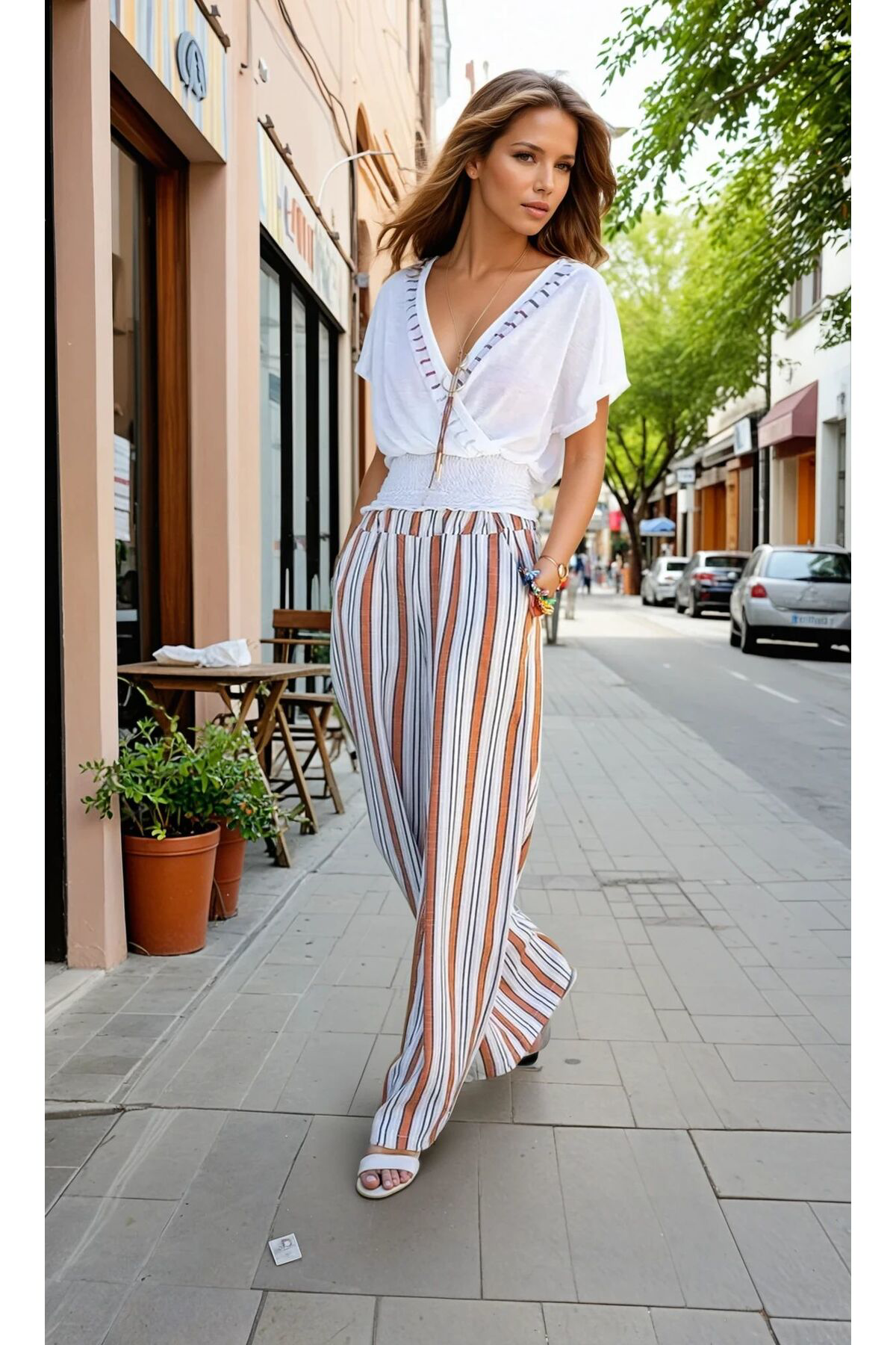 Pasaklı Giyim Kadın Kiremit Bej Dik Çizgili Beli Lastikli Cepli Pantolon Tesett