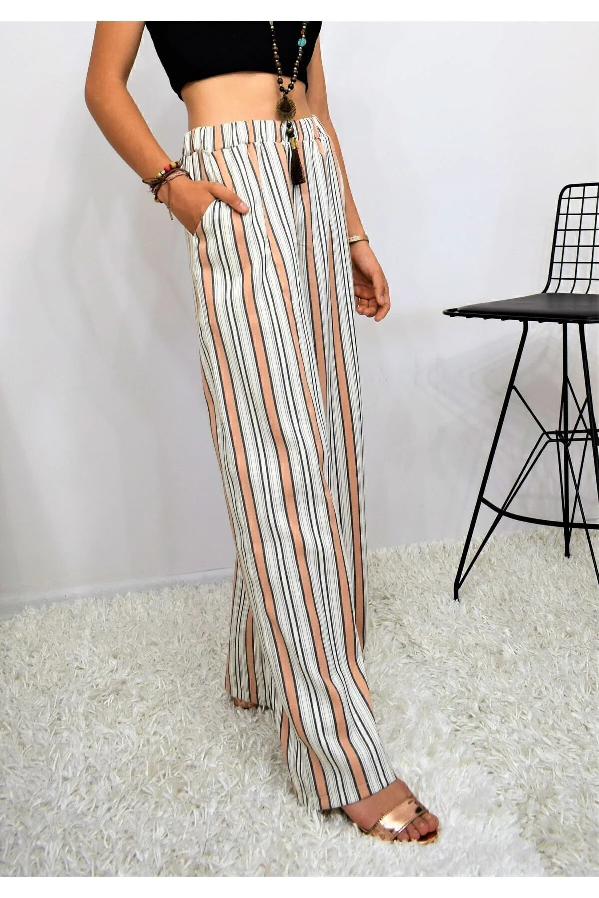 Kadın Kiremit Bej Dik Çizgili Beli Lastikli Cepli Pantolon Tesettür Pantolon 700-3258176