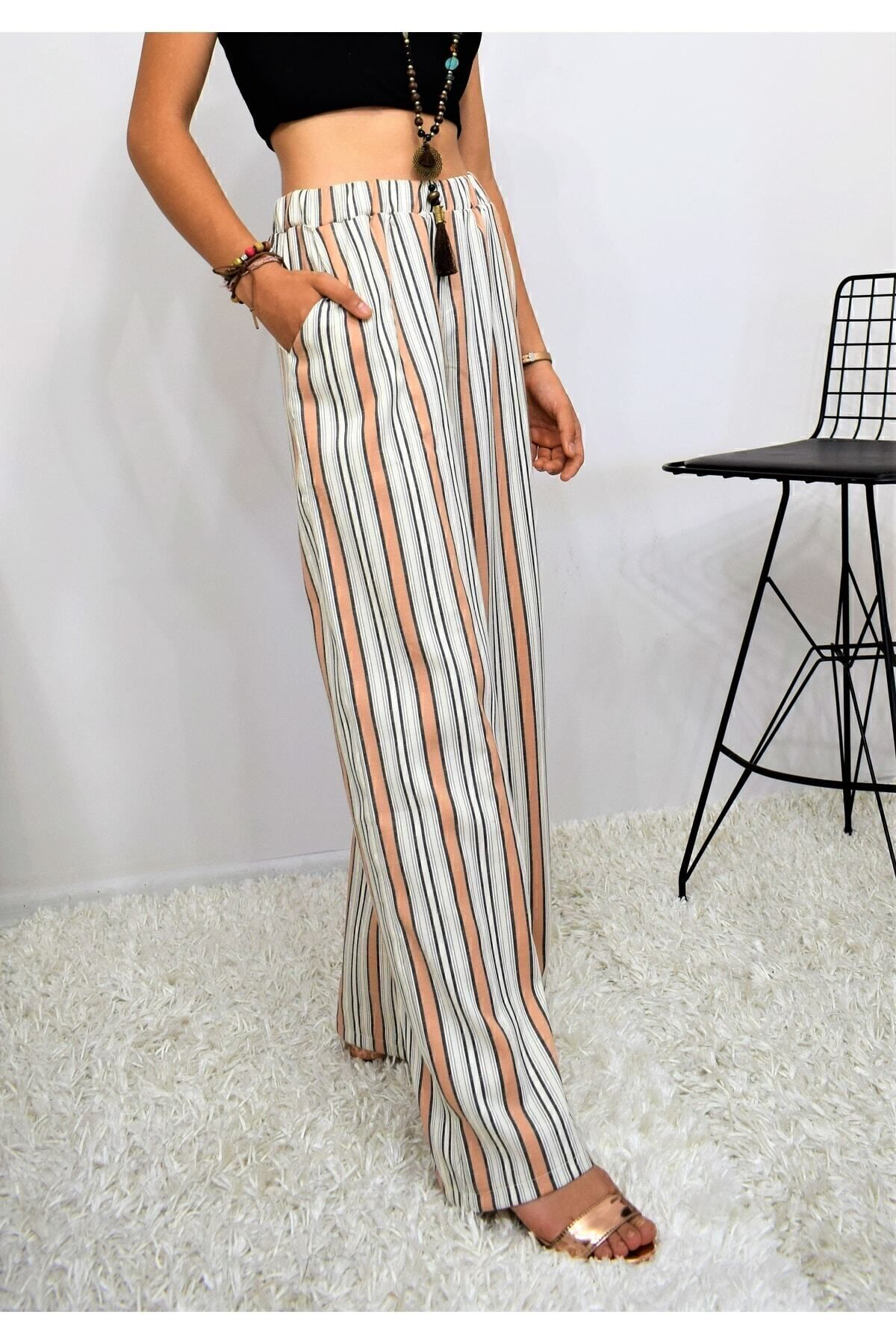 Pasaklı Giyim Kadın Kiremit Bej Dik Çizgili Beli Lastikli Cepli Pantolon Tesett