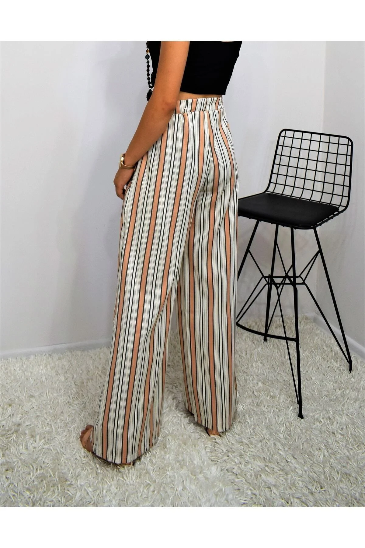 Kadın Kiremit Bej Dik Çizgili Beli Lastikli Cepli Pantolon Tesettür Pantolon 700-3258176