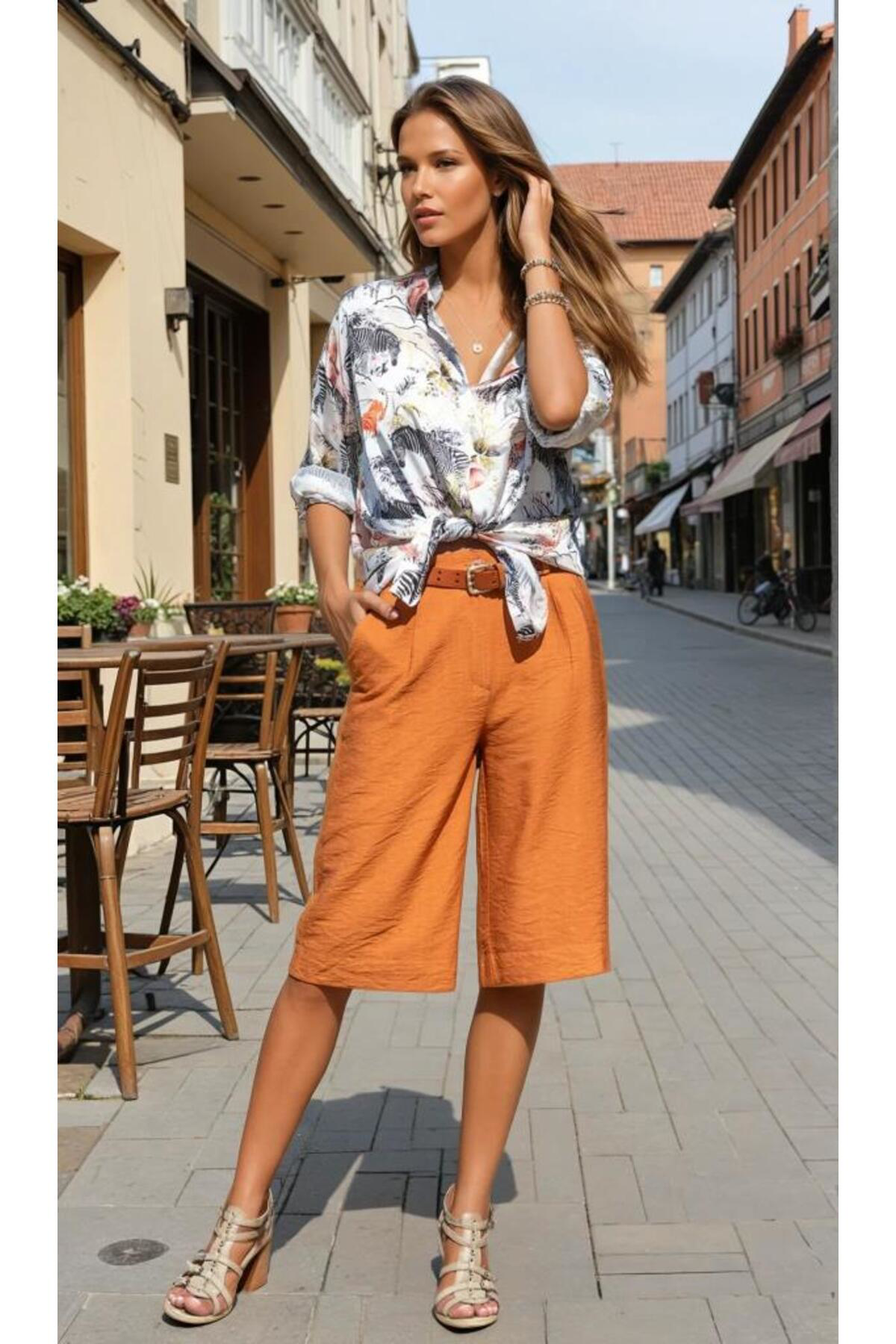 Pasaklı Giyim Kadın Kiremit Cepli Duble Paça Uzun Keten Bermuda Şort 2912286