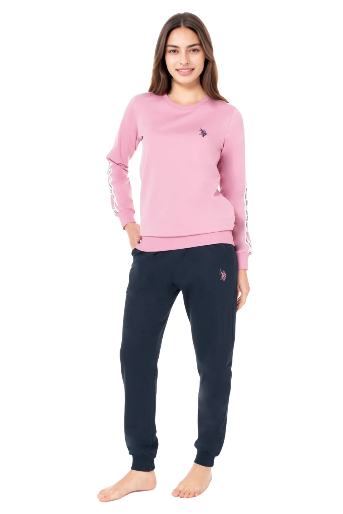 Kadın Kiremit Renk Uzun Kollu Pijama Takımı – Lacivert Alt Pamuklu Rahat Ev & Uyku Seti