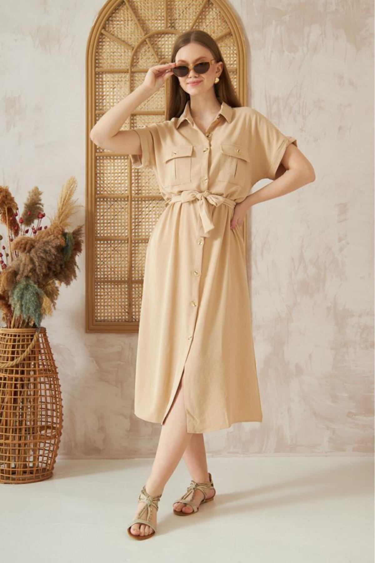 Pasaklı Giyim Kadın Kırışmaz Safari Cepli Kemerli Airobin Kısa Kollu Düğmeli Gü