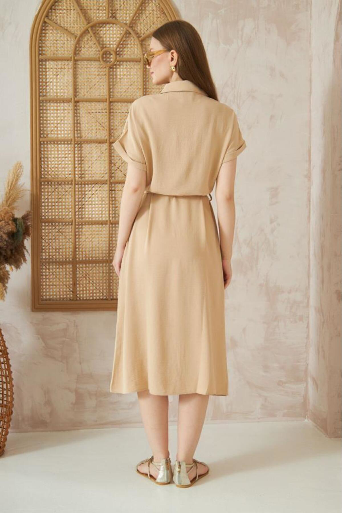 Pasaklı Giyim Kadın Kırışmaz Safari Cepli Kemerli Airobin Kısa Kollu Düğmeli Gü