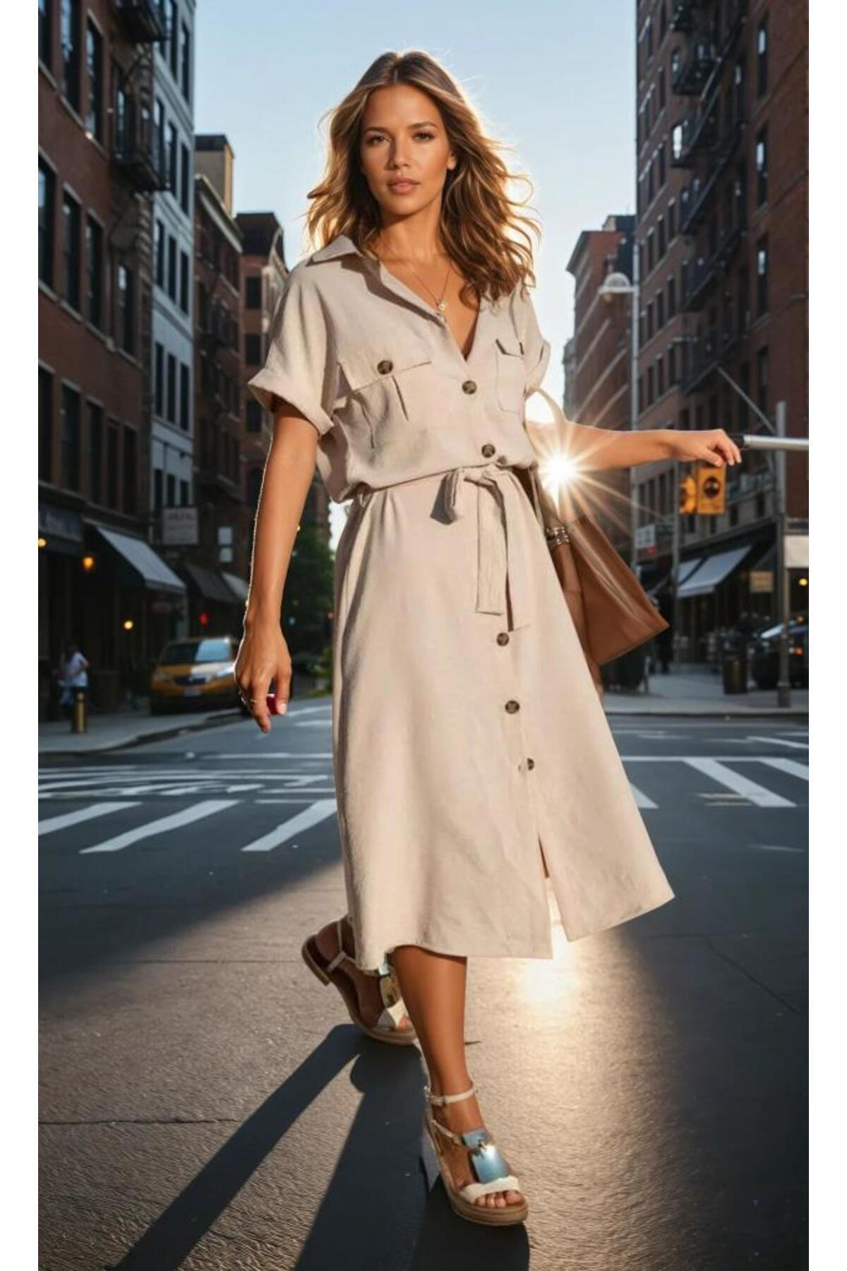 Pasaklı Giyim Kadın Kırışmaz Safari Cepli Kemerli Airobin Kısa Kollu Düğmeli Gü