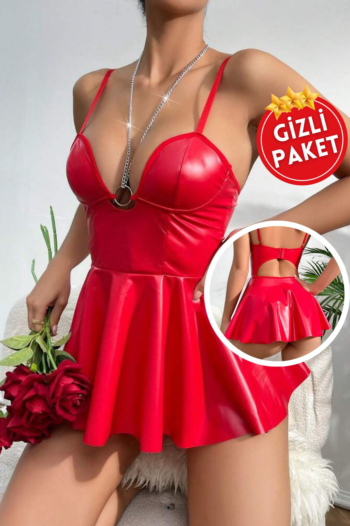 Kadın Kırmızı Askılı Göğüs Dekolteli Fırfır Etekli Mini Lame Deri Şık Gece Parti Elbisesi