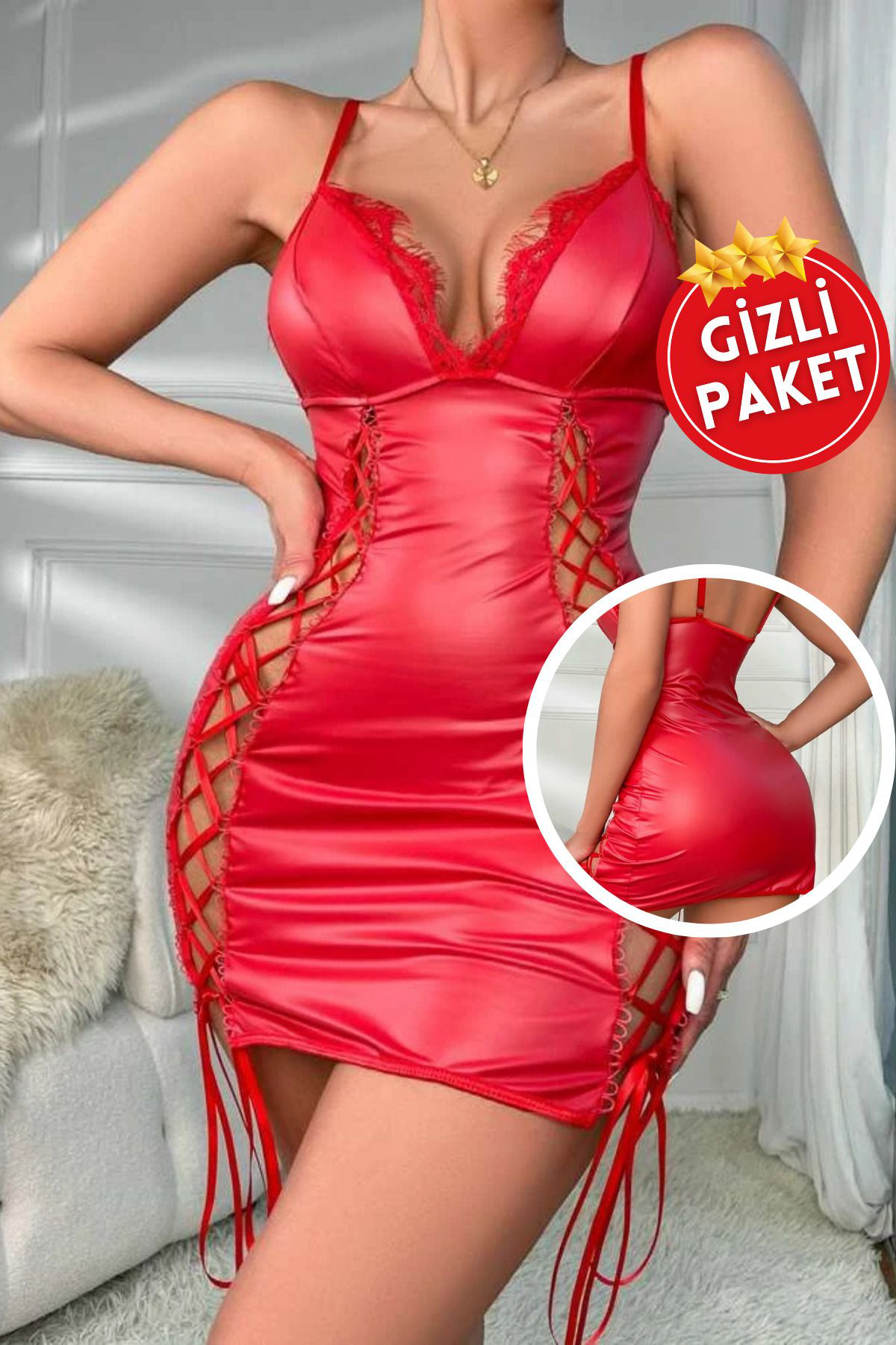 Kadın Kırmızı Çapraz İp Detaylı Ayarlanabilir İp Askılı Seksi Pileli Mini Etekli Gece Elbisesi