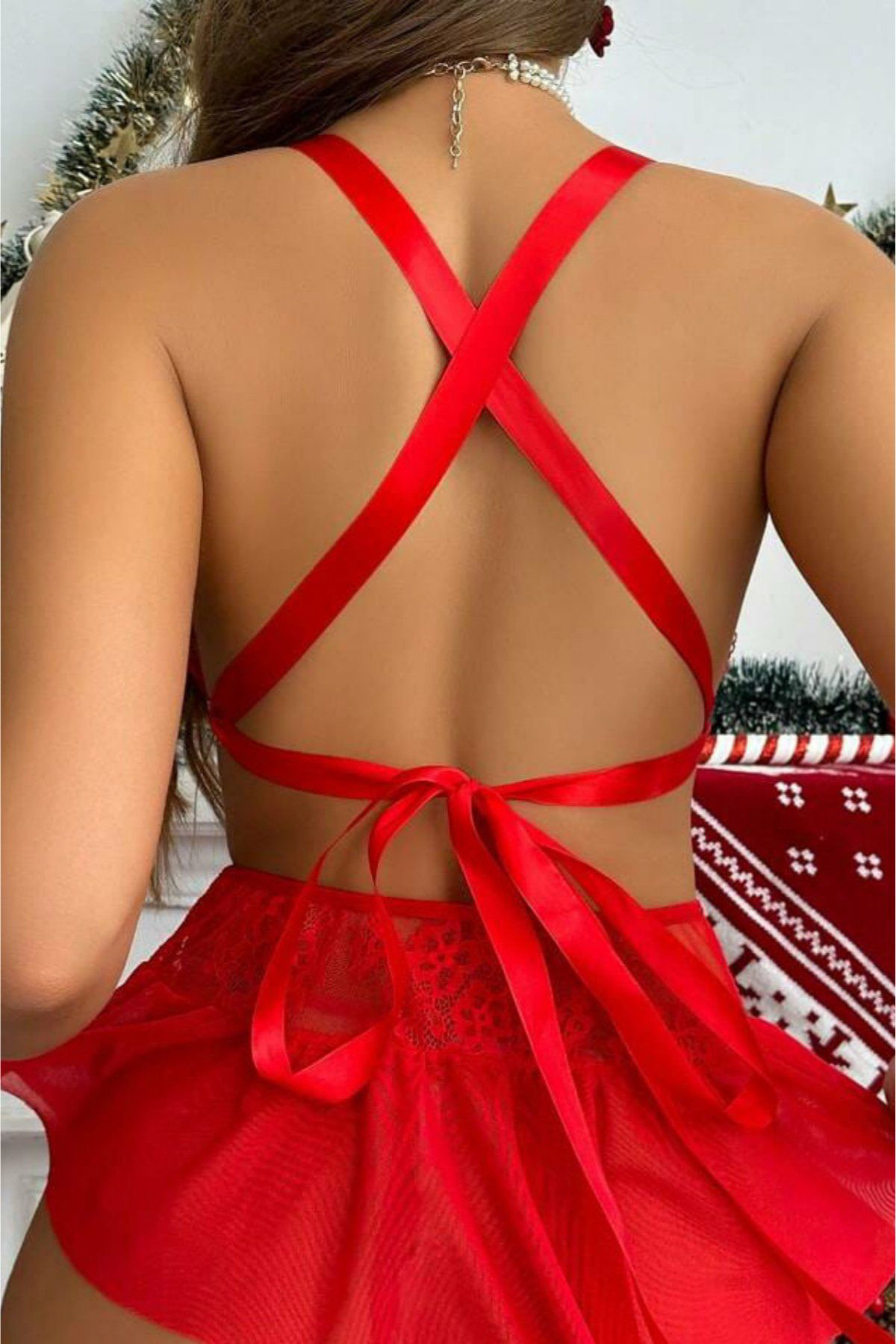 Kadın Kırmızı Dantel ve Fiyonk Detaylı Seksi Yılbaşı Kostüm, Seksi Yeniyıl Elbisesi Fiyatı, Yorumları ve Özellikleri