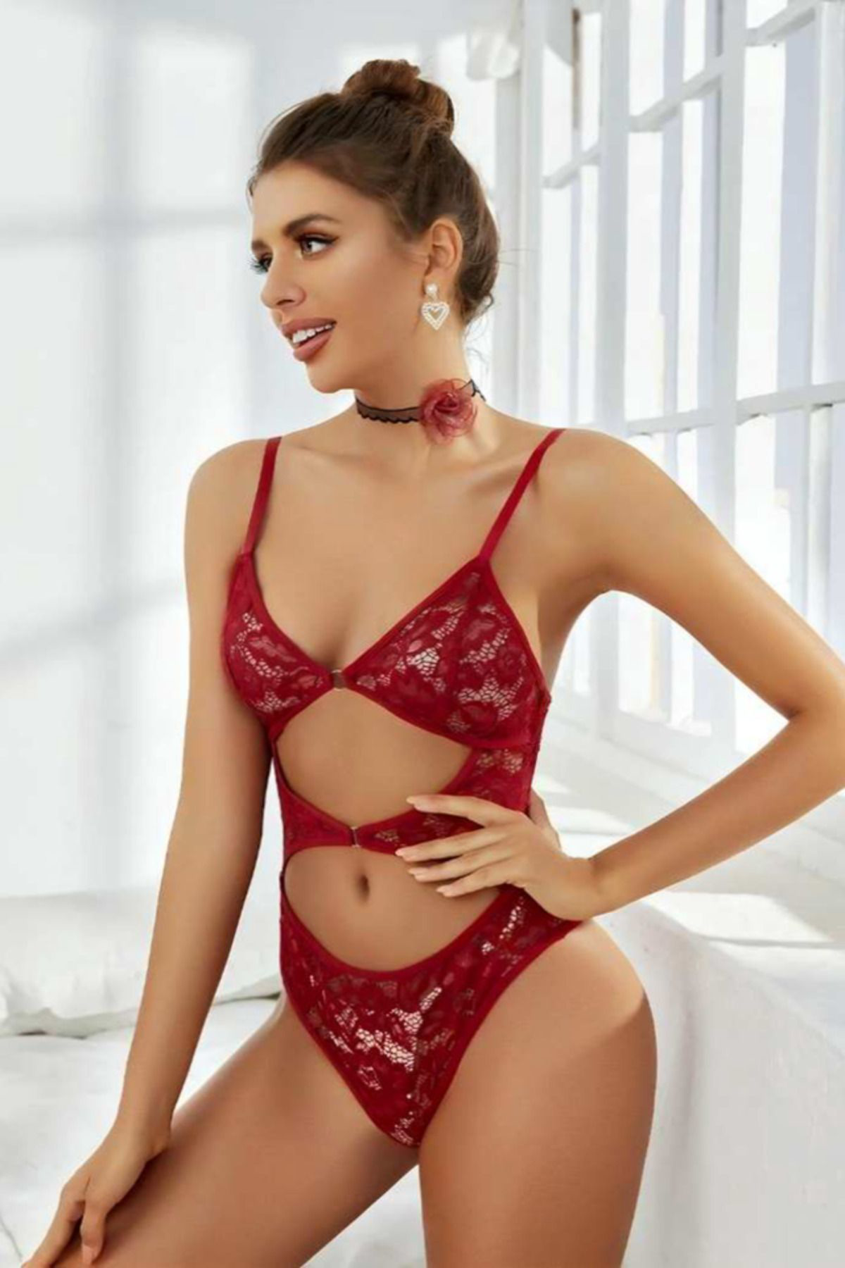 Rukod Kadın Kırmızı Dantel Detaylı Seksi Babydoll, Fantezi Erotik Bodysuit Kostüm İç Çamaşırı