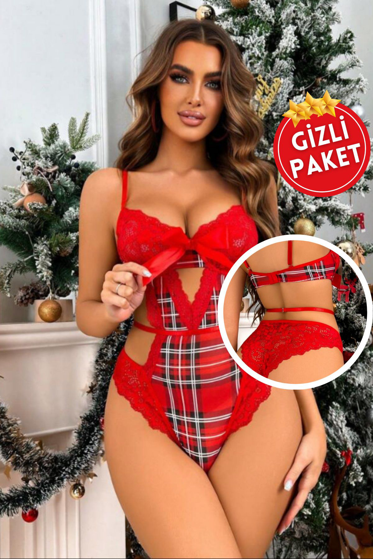 Kadın Kırmızı Dantel ve Fiyonk Detaylı Seksi Yılbaşı Kostüm Bodysuit, Şık Yeniyıl Babydoll Elbisesi