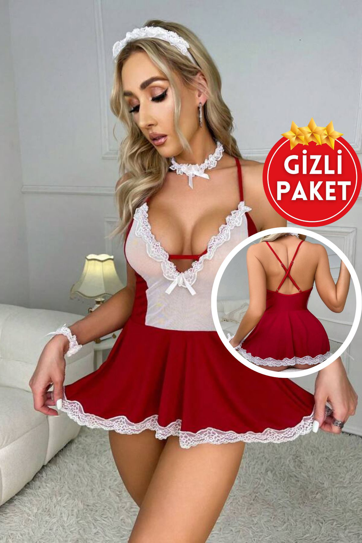 Kadın Kırmızı Dantel ve Tül Detaylı Transparan Seksi Hizmetçi Fantezi Kostüm İç Çamaşırı Seti Fiyatı, Yorumları ve Özellikleri