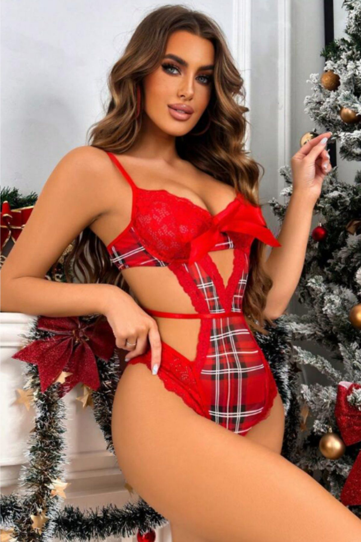 Kadın Kırmızı Dantel ve Fiyonk Detaylı Seksi Yılbaşı Kostüm Bodysuit, Şık Yeniyıl Babydoll Elbisesi